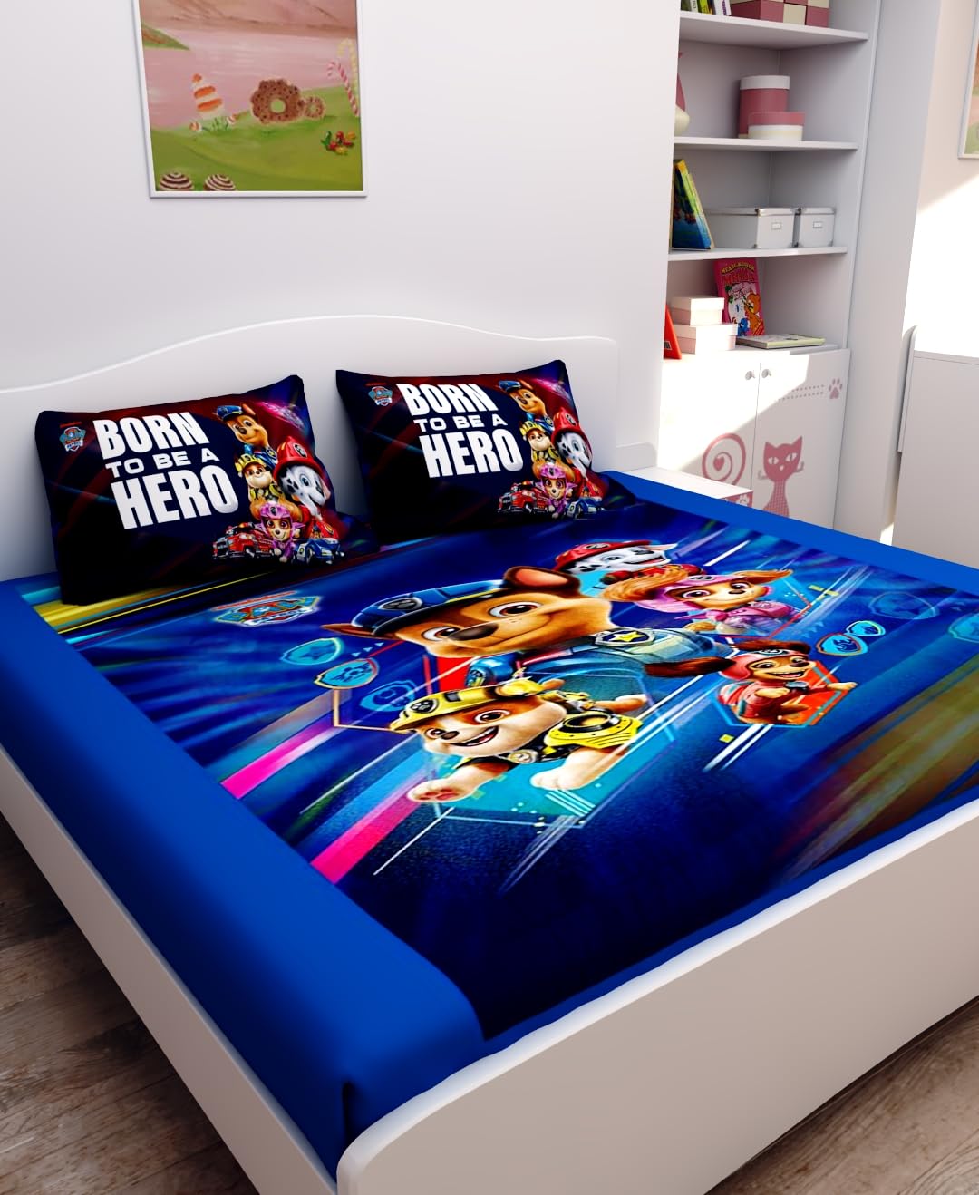 Athom Living Paw Patrol Digital Printed Cotton Kids Double Bedsheet 270x270 cm with Set of 2 Pillow Covers-image-42