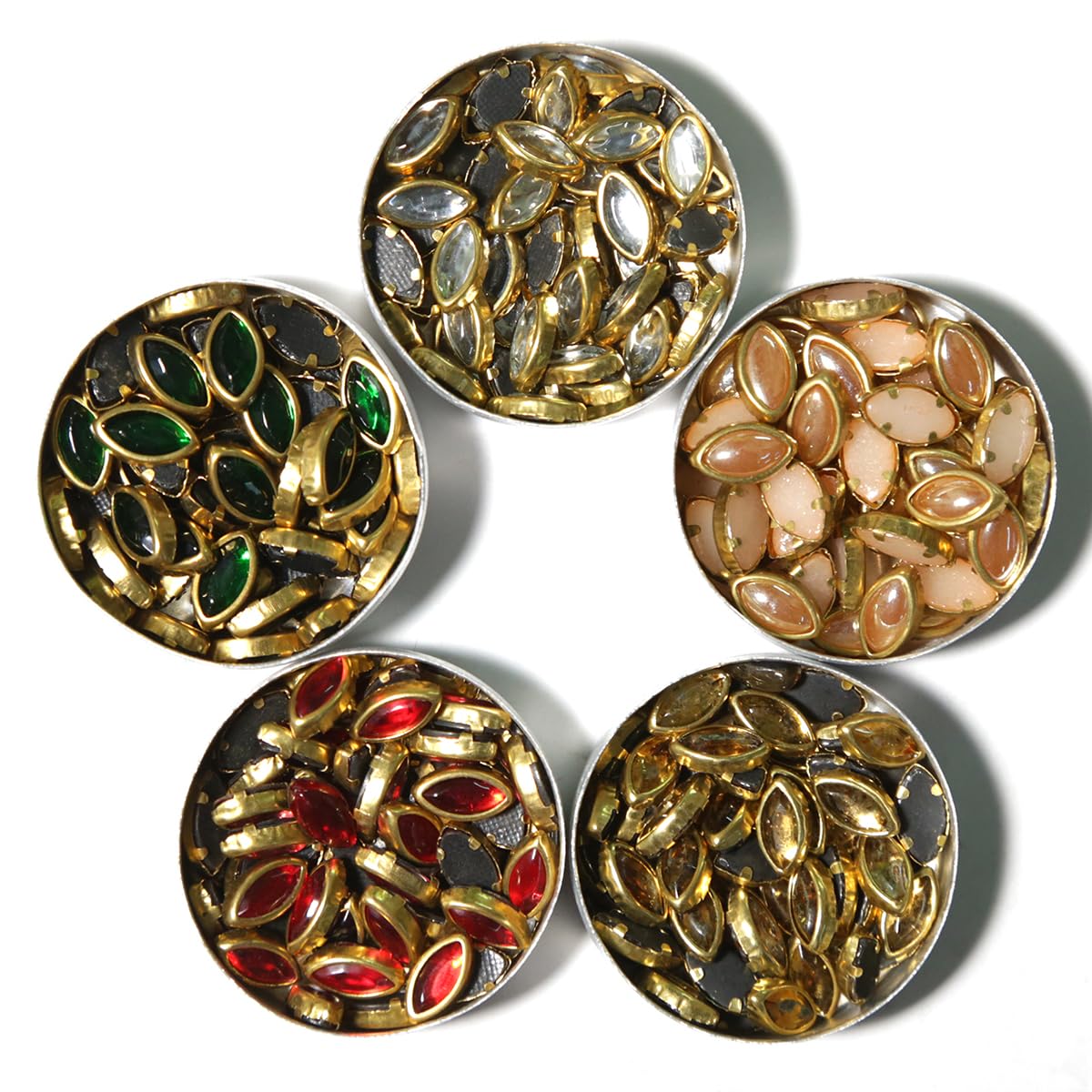 EmbroideryMaterial 5 * 9 MM Flat Back Round Kundan Stone Beads for Craft, Embroidery Work, Jewellery Making, Bangles Making Combo of 5 Colors (250 Pieces, Gold, Silver, Off White, Red, Green)