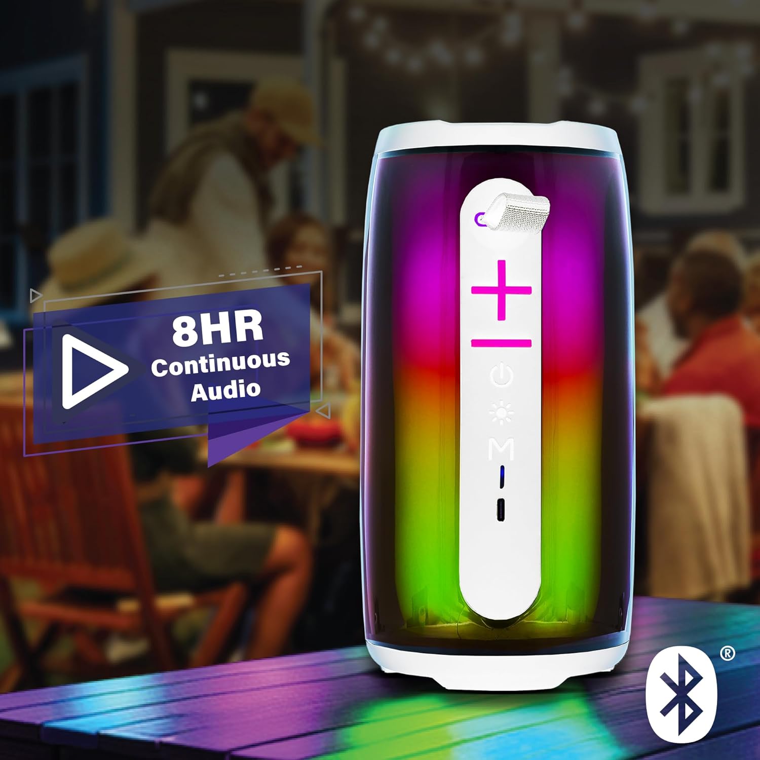 Xtreme LED Bluetooth Speaker in use at an outdoor gathering, highlighting 8 hours of continuous audio