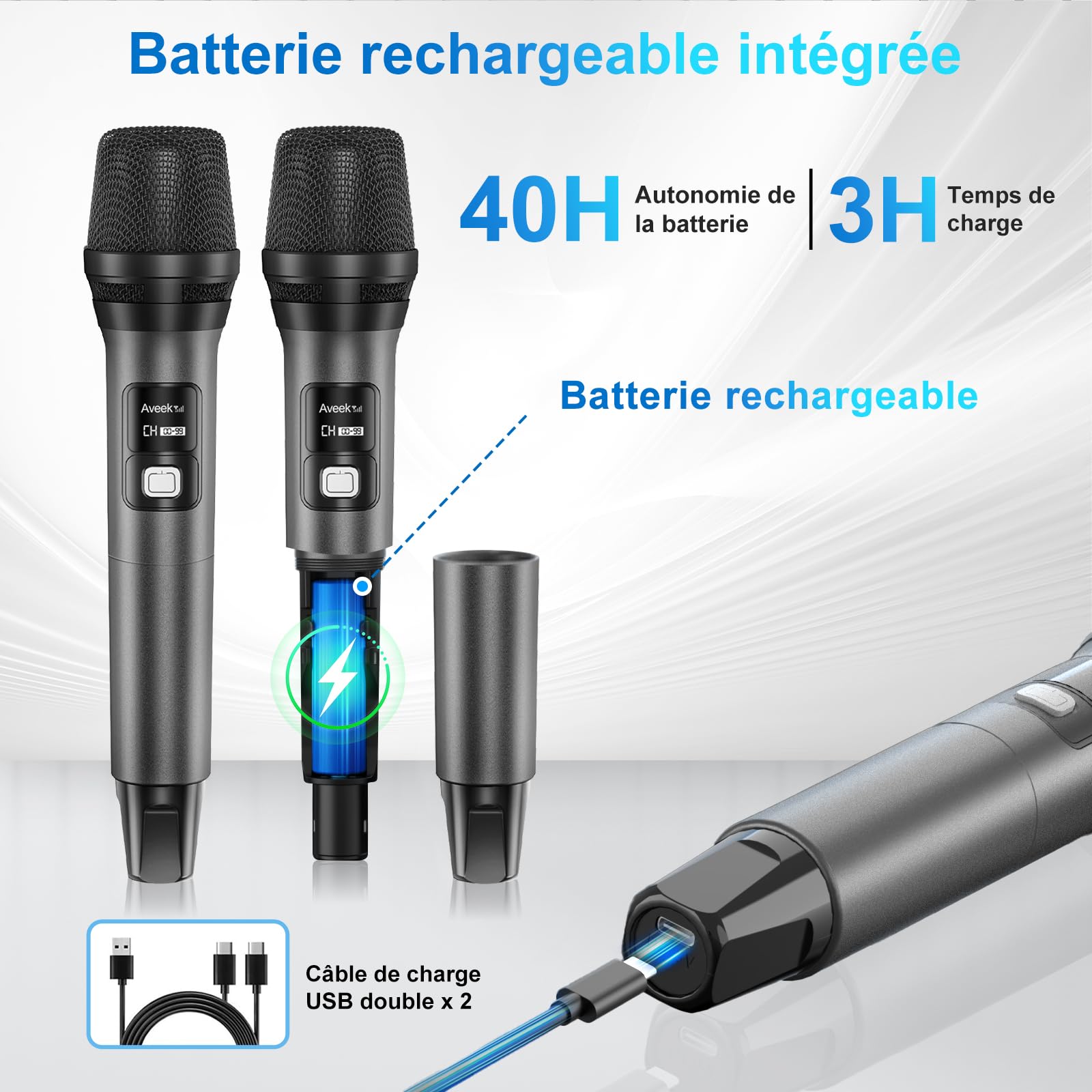 Aveek Système de microphone sans fil avec lot de 4 micros dynamiques portatifs, portée de 80 m, batterie de 40 heures, son de studio à faible latence pour karaoké, chant, discours, église, scène