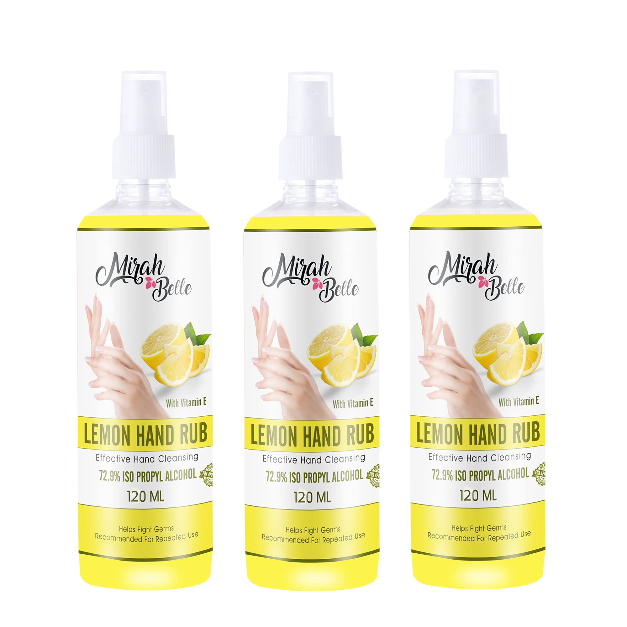 Mirah Belle - Lemon Hand Rub Sanitizer Spray (With Vitamin E)- (120 ML - Pack of 3) - BUY 2 GET 5 MASKS - (72.9% Alcohol) - FDA Approved - Best for Men, Women and Children - Natural, Herbal (B0957R529W) Amazon Price History, Amazon Price Tracker