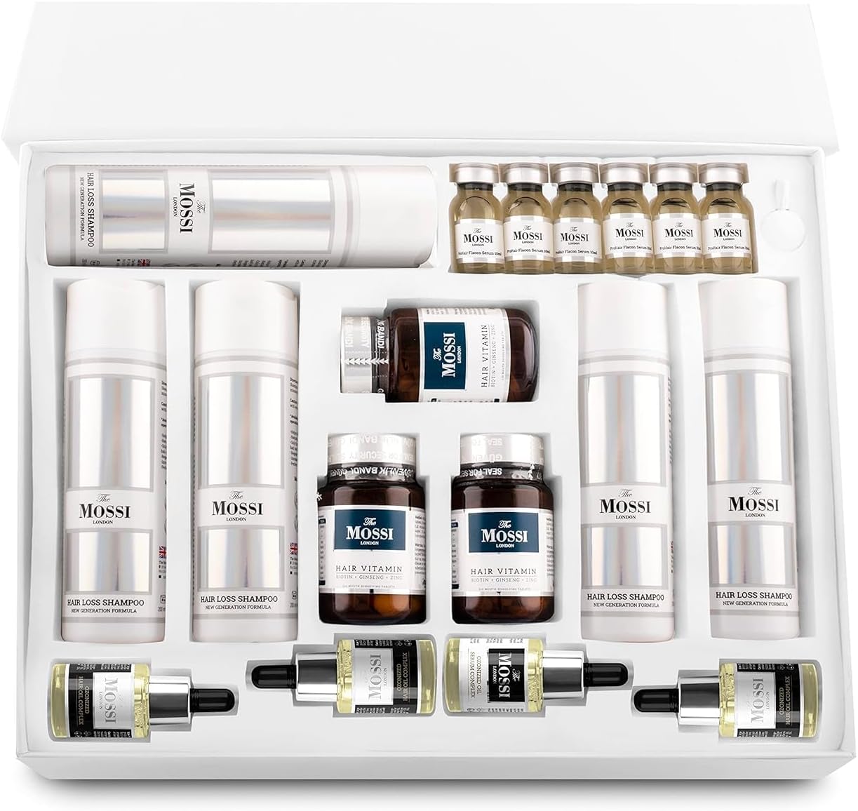 Mossi London 6-Month Post-Hair Transplant Kit: 6 Scalp Serums, 5 Anti-Hair Loss Shampoos, 3 Hair Supplements, 4 Hair Oils for Men and Women