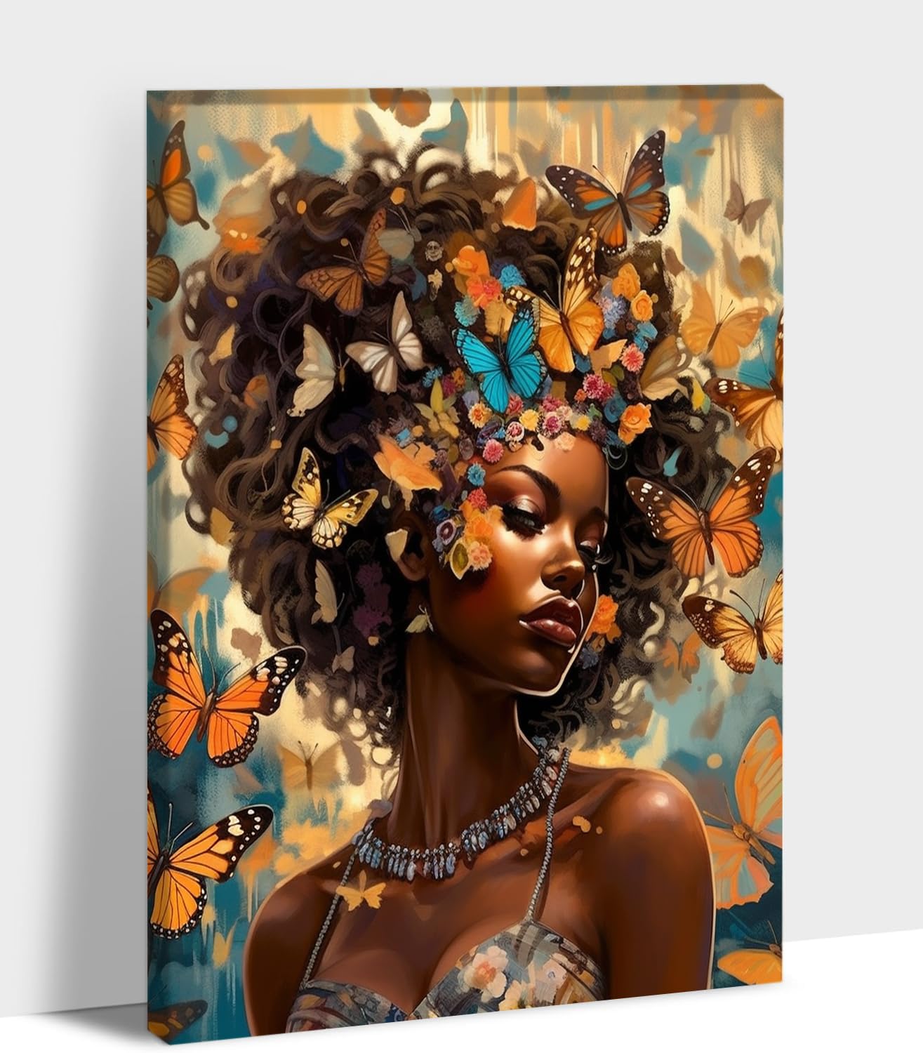 African American Canvas Wall Art, Black Women & Colorful Butterfly Painting Pictures for Room Wall Decor, Framed Fashion Modern Aesthetic Beauty
