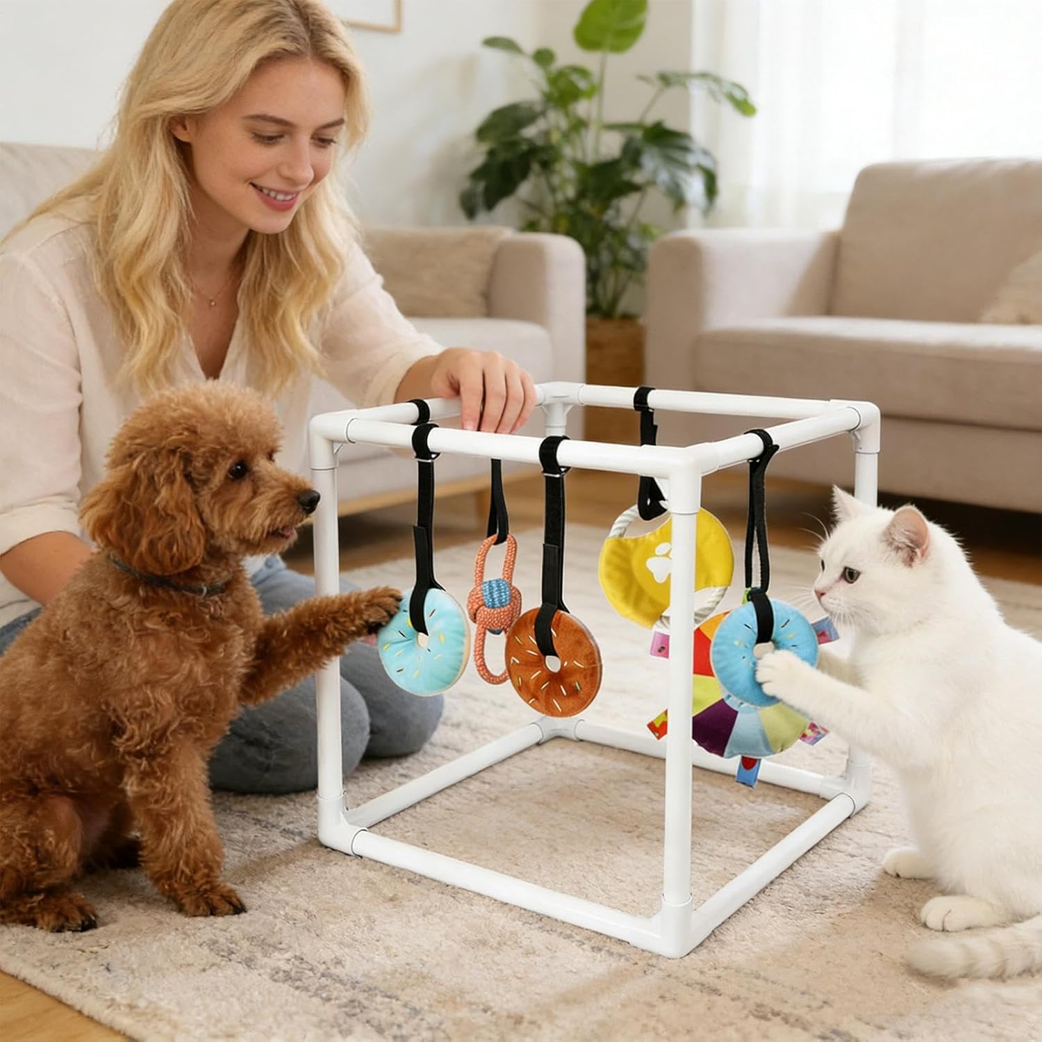 Dog Playground - Assembly Frame with 5 Interactive Toys, Indoor Dog Gym Set | Chew Teething Training Calming Activity Station for Puppies Dogs, Floor Play, Boredom Relief, Home Exercise Fun