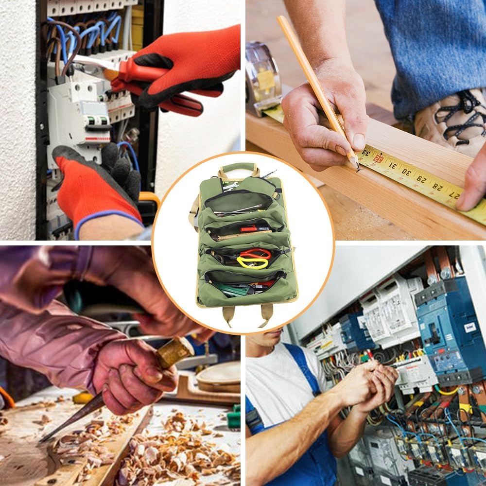 XhuangTech Roll Up Tool Bag Organizer with Zipper w/2 Detachable Pouches Oxford Carry Adjustable Strap/Rustproof/Quick Buckles