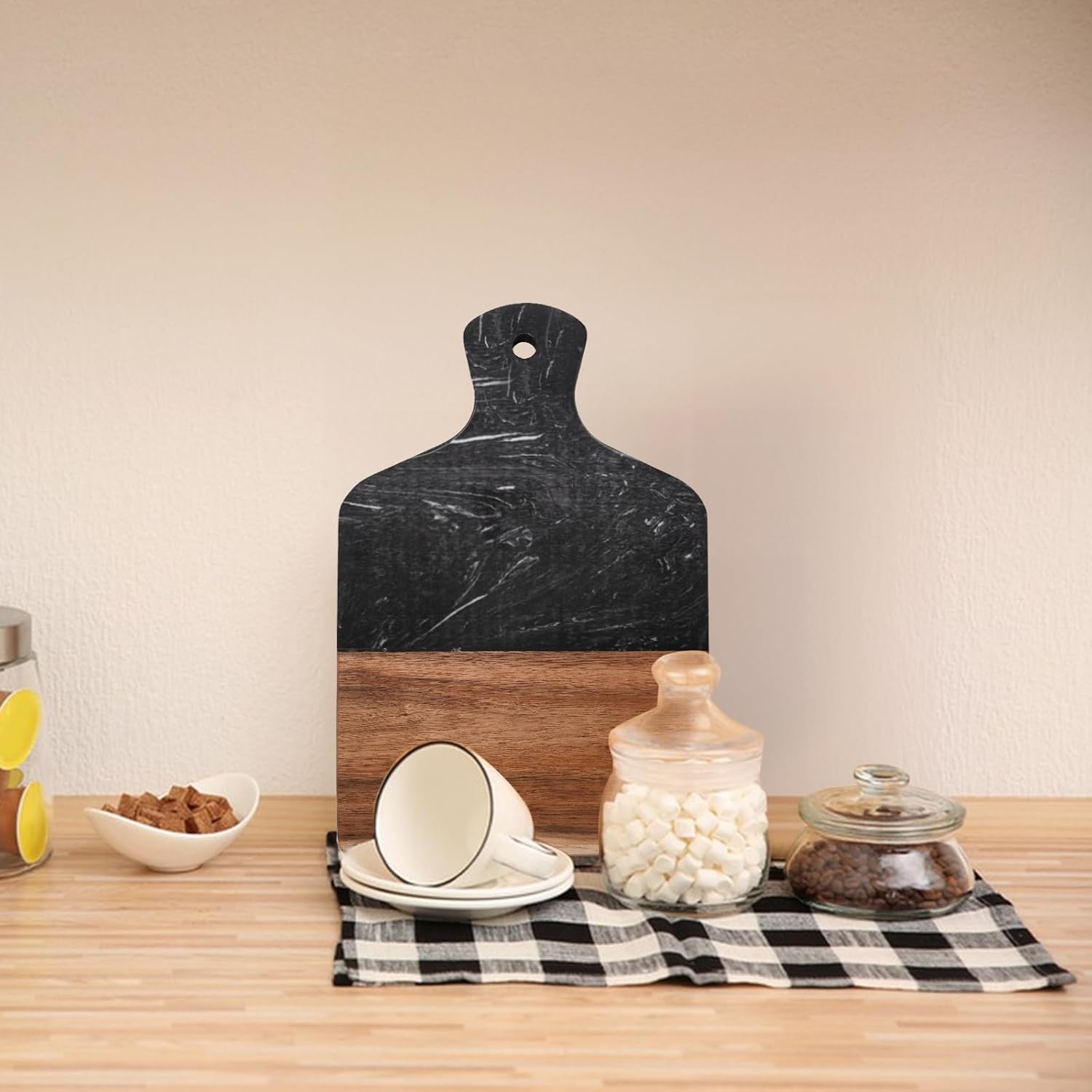 Coloch Marble and Acacia Wood Cutting Board, Black Charcuterie Chopping Board with Handle, Decorative Serving Board for Cheese, Steak, Bread, Fruit