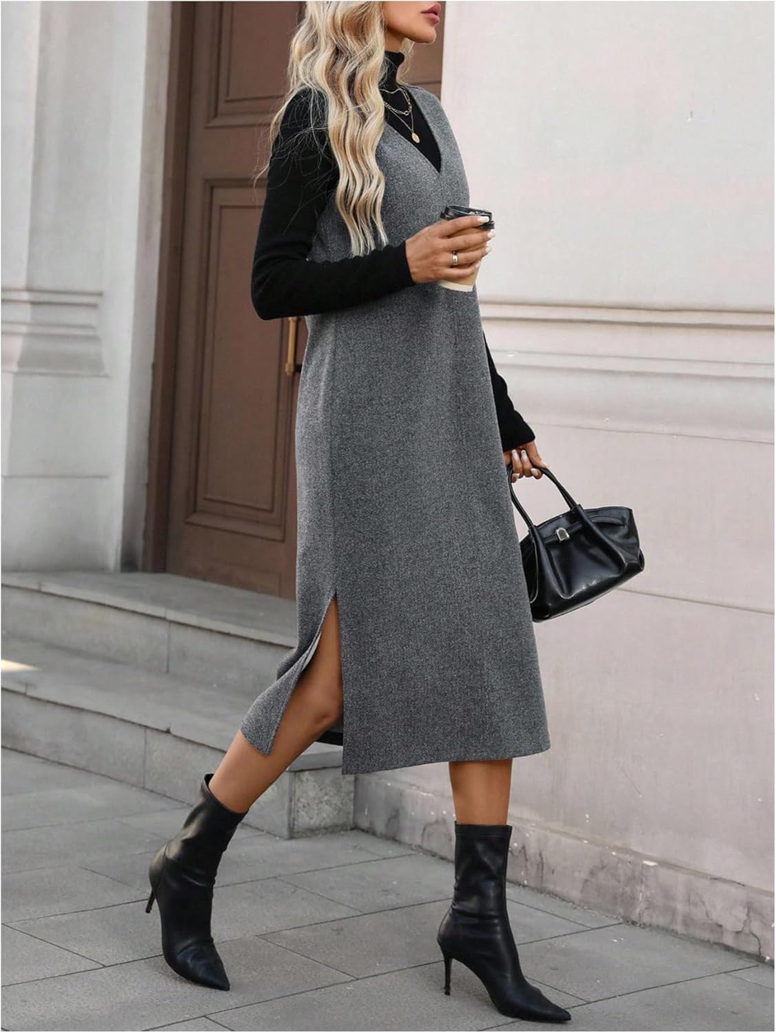 Women's Elegant V Neck Midi Pinafore Dress Sleeveless Split Fall Work Office Dresses