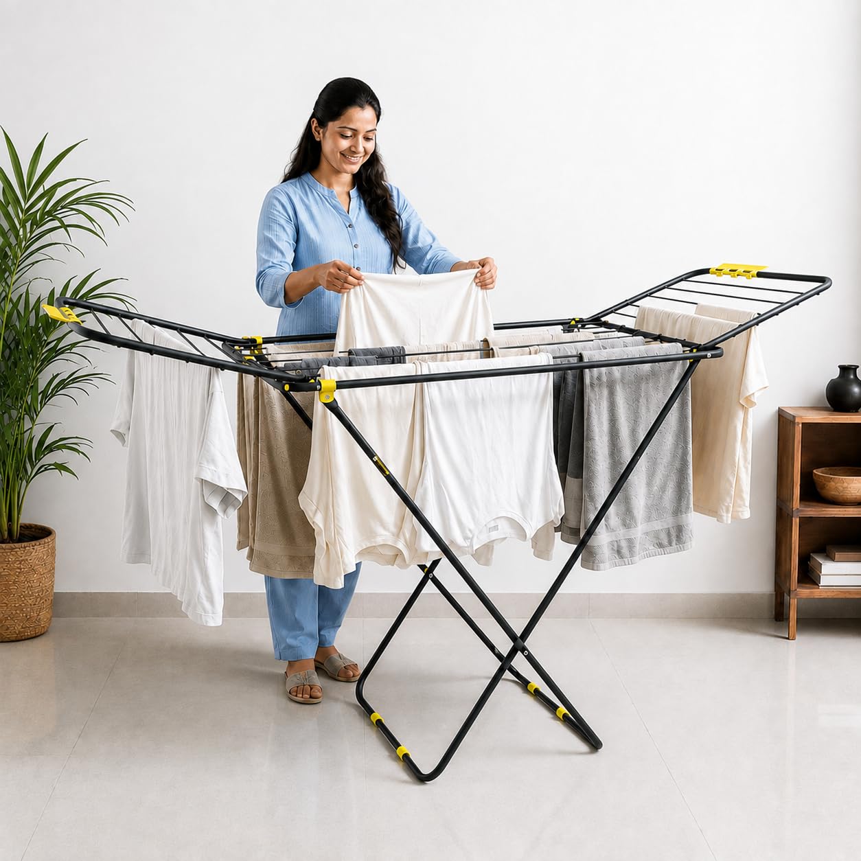 BonKaso Foldable Cloth Drying Stand for Drying Clothes, 3-Way Folding with 20 Drying Rails, Lightweight Alloy Steel, Flat Folding Design | Indoor & Outdoor Clothes Dryer Yellow