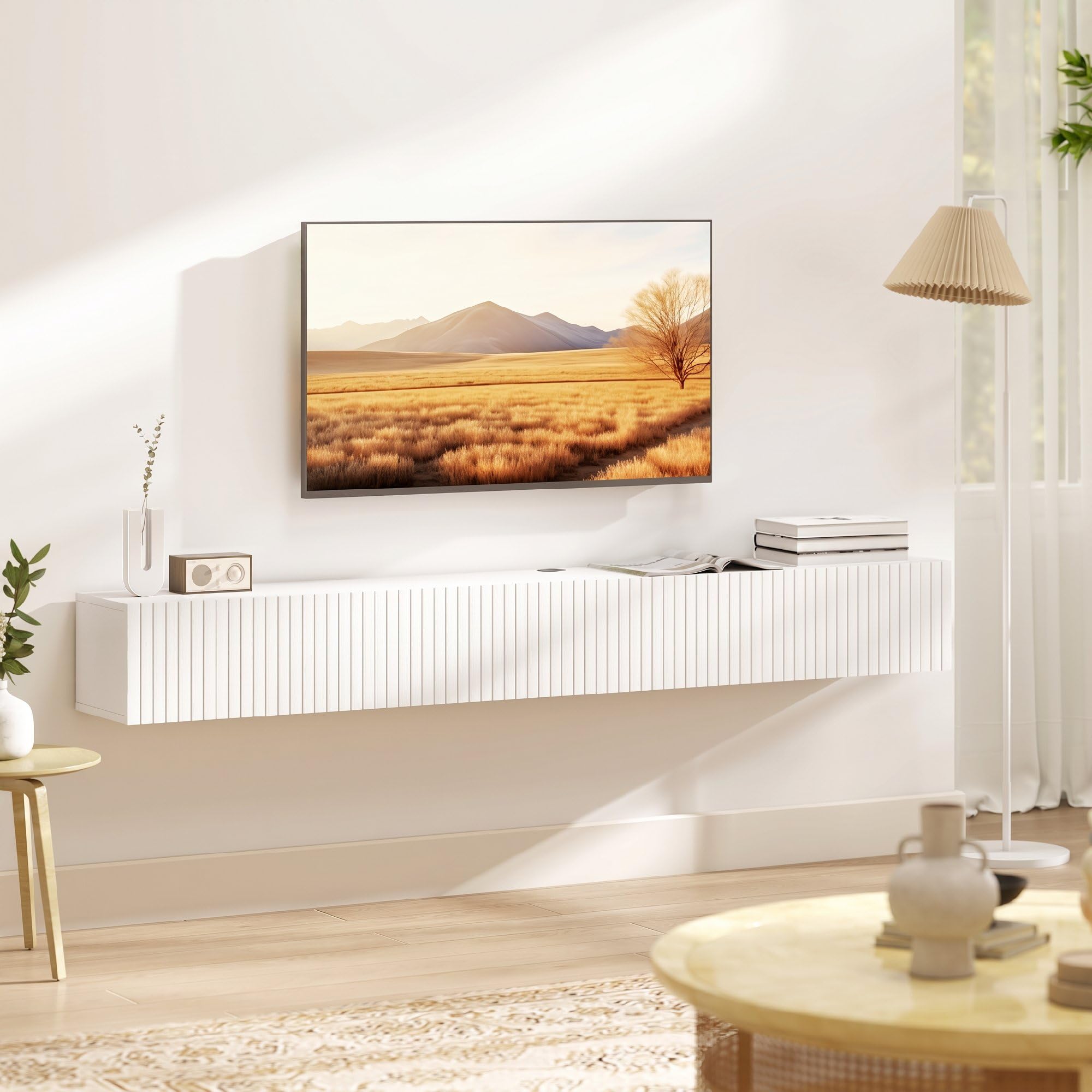 HOMCOM Meuble TV Suspendu 180 cm pour Téléviseur 72 Pouces Blanc | Meuble Télé, 2 Portes Cannelées Rabattables, Banc TV Mural Flottant, Salon, Chambre à Coucher