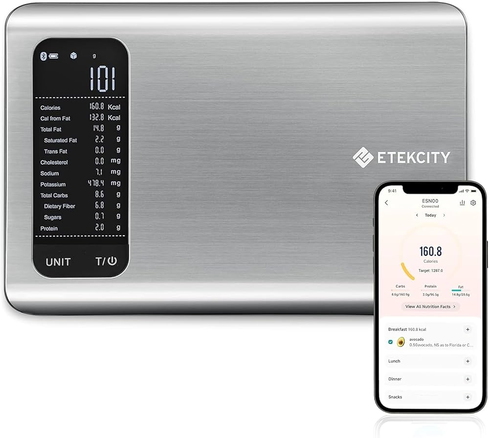 Etekcity Smart Food Kitchen Scale with Nutritional Calculator, Free App with 19 Nutrients Tracking, Calorie, Marco, Digital grams and ounces for weight loss, Premium Stainless Steel, 11lb