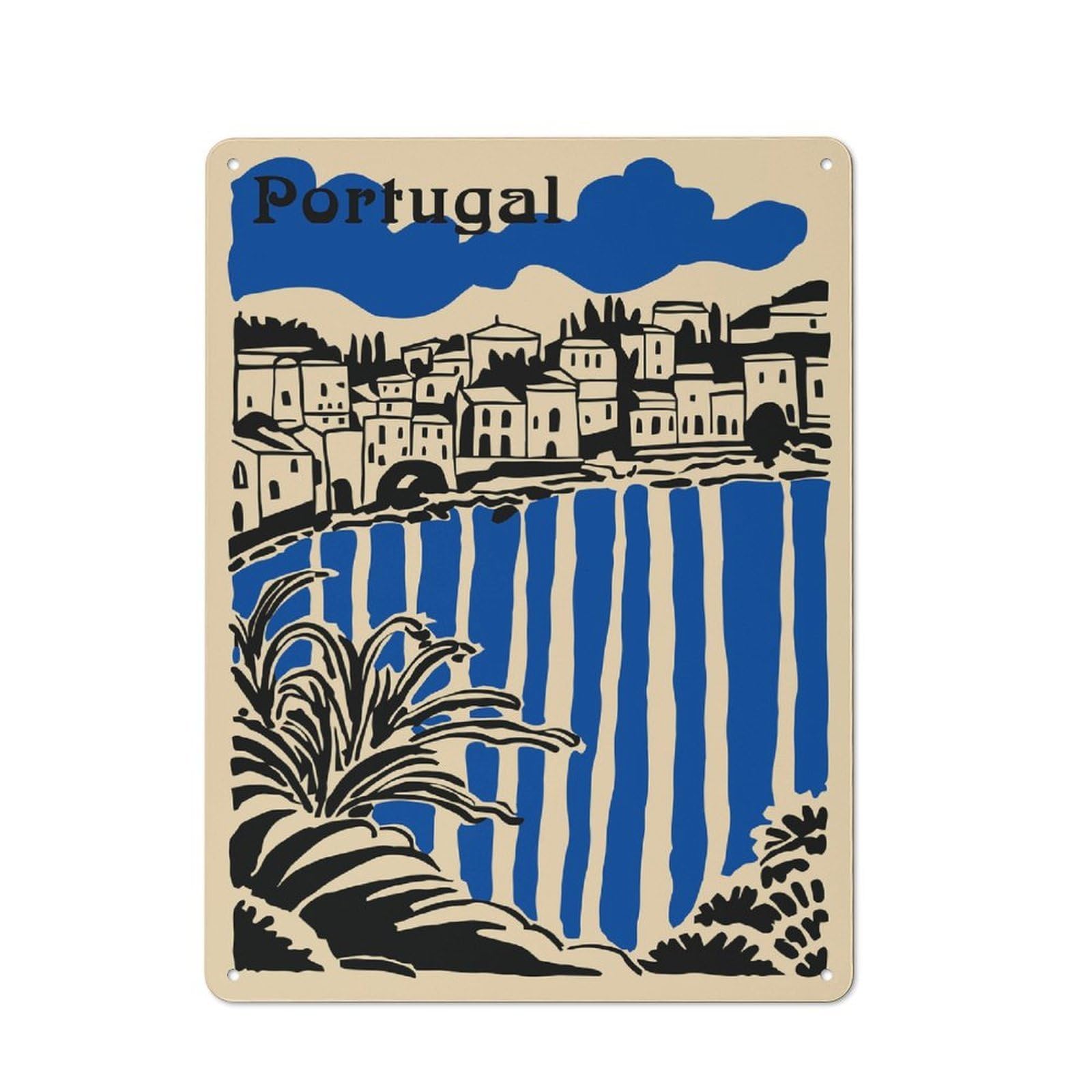 Junmoney Style-17 Metal Plaque 40X30cm With Portugal Coastal Cityscape For Pub Or Café, Vintage Decor, For Metal Sign Collectors, For Vintage Wall Decor Fans