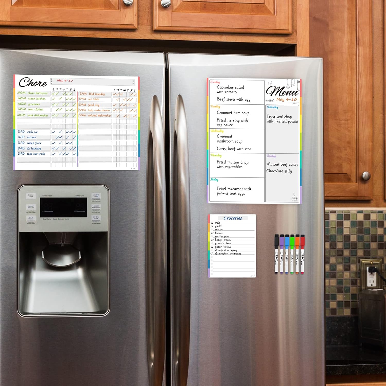 Magnetic Dry Erase Chore Chart and Menu Board Bundle for Fridge - Chore Chart, Menu Board, One Bonus Dry Erase to Do/Grocery Whiteboard and 6 Extra Fine Tips Markers Included!
