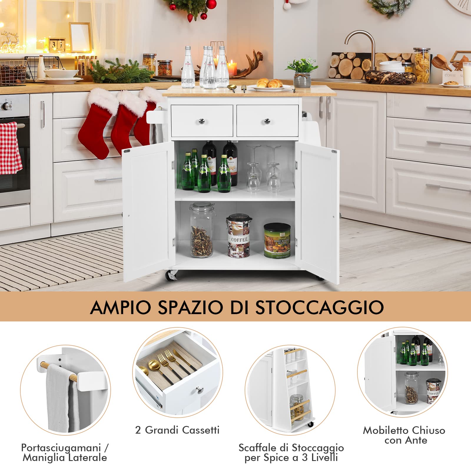COSTWAY Carrello di Servizio Cucina con Ruote, 2 Cassetti e Portaspezie, Portasciugamani e 2 Porte, Ideale per Casa Ristorante e Bar, MDF + legno di gomma 88x45x89,5 cm (Bianco)