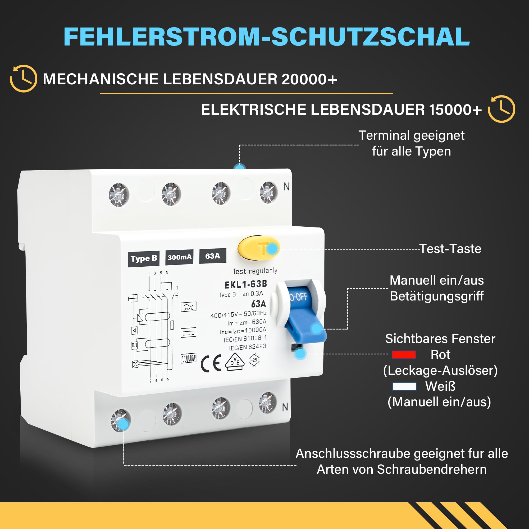 Warmfay® Disjoncteur FI type B 63 A 300 mA 4 broches certifié VDE | Disjoncteur de courant d'erreur RCD - Interrupteur automatique sensible à tout courant - Pour boîtes murales - Station de