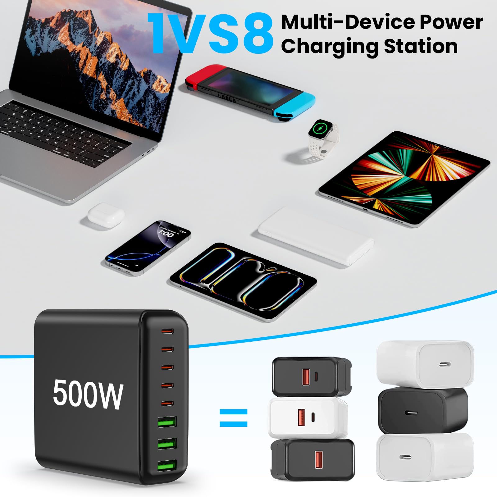 USB C Ladegerät Mehrfach: 500W 8-Port Schnellladegerät mit USB-C und USB-A, USB c Netzteil für iPhone/Pro/Max, MacBook, ipad