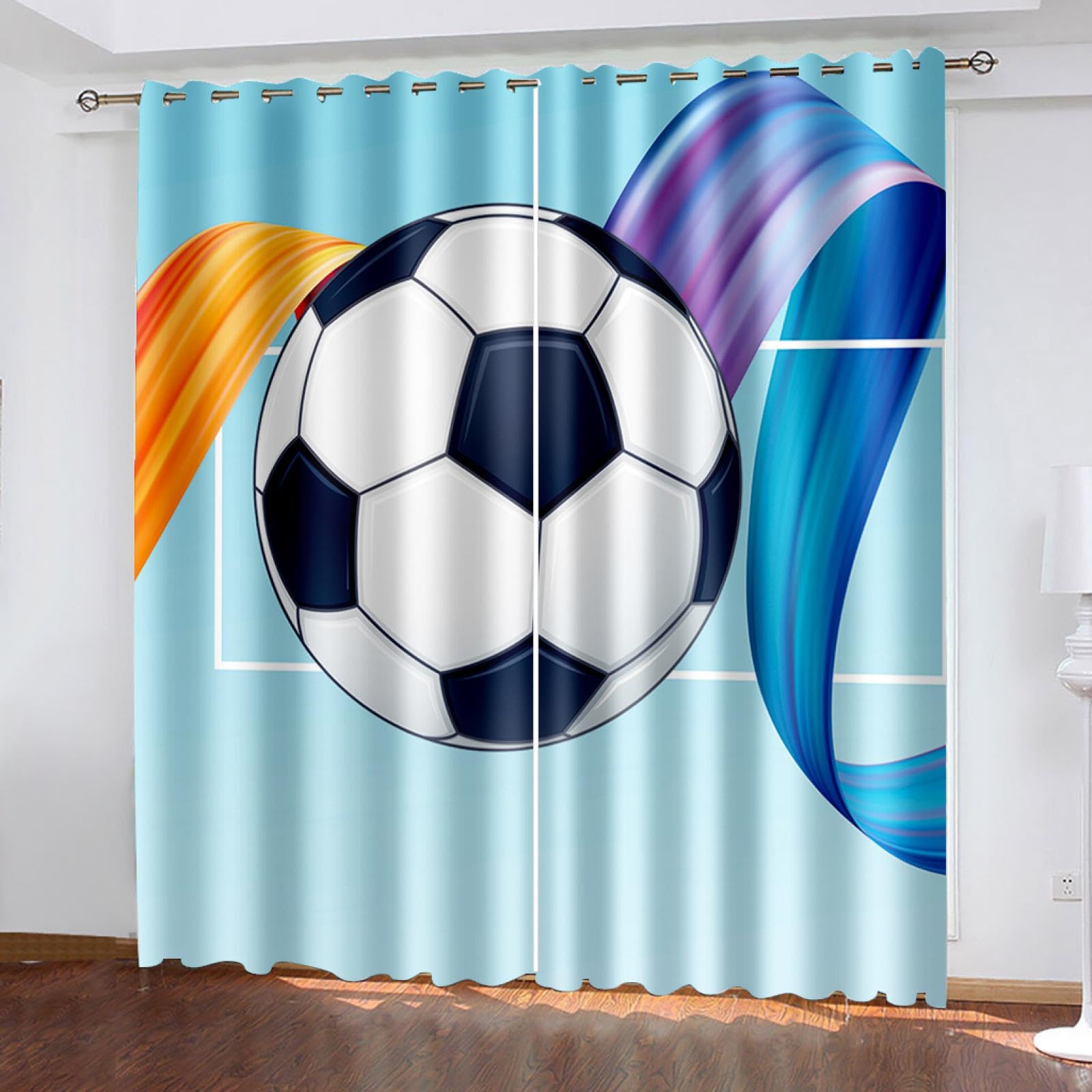 Exquisite Schlafzimmervorhänge mit Ösen, Blaue Fußball-Kunstbänder, 280 x 300 cm, Akustik-Verdunkelungsvorhänge, 3D-Druckvorhänge, Blickdichte Perforierte Vorhänge, Vorhänge für Wohnzimmer, Schlafzimm