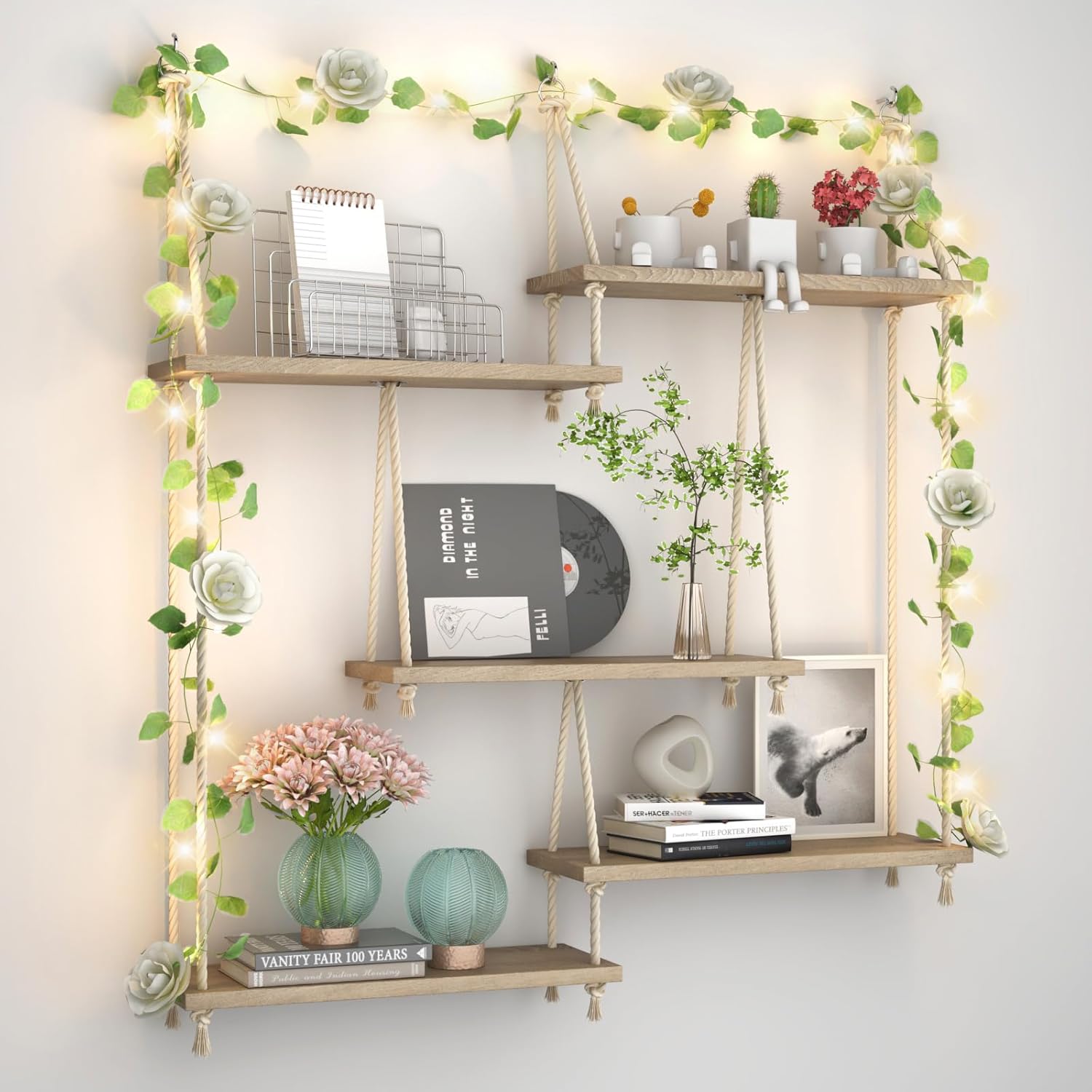 Hanging Shelves for Wall 5 Tier Macrame Rope Floating Shelves with Vine Lights Boho Wall Mounted Decor Wood Organizer Storage Rack for Bedroom, Bathroom, Kitchen