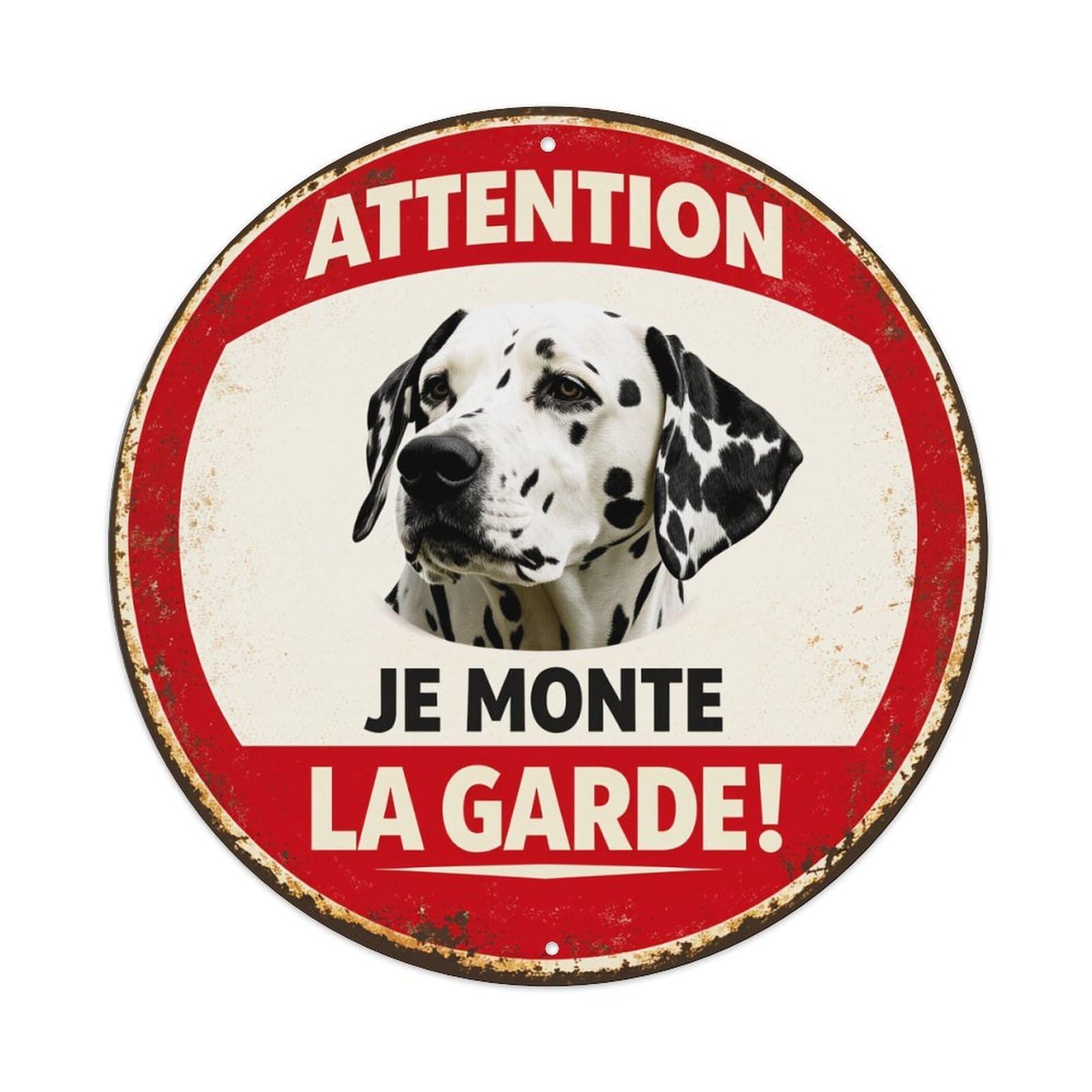 Attention Dalmatian Guard Dog Sign Round Tin Sign Vintage Metal Poster, Home Bar Garage Man Cave Cafe Indoor & Outdoor Wall Decoration 8x8Inches