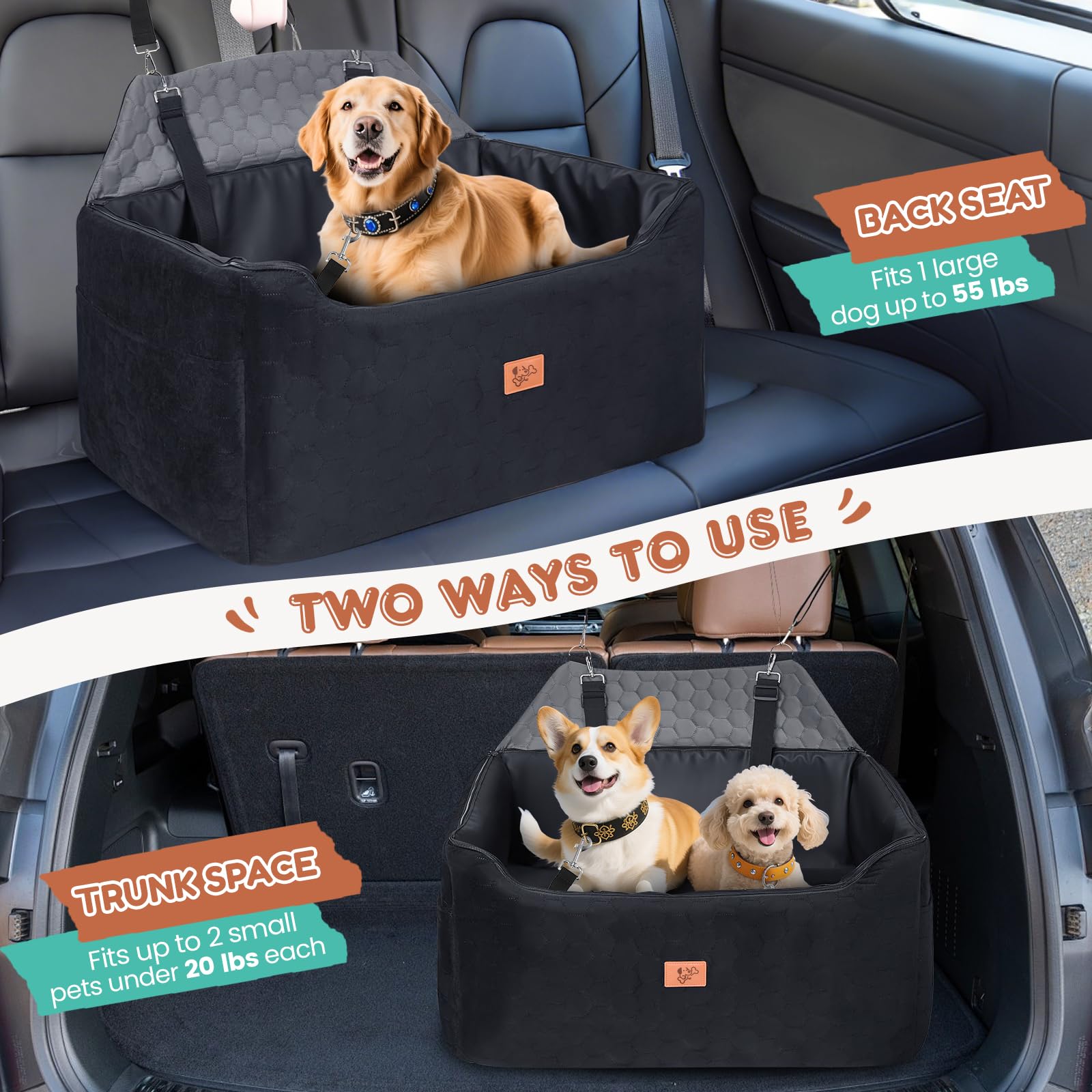 Seggiolino Auto per Cani 78x55x53cm, Rialzo Rimovibile e Lavabile per Cani di Taglia Media e Grande, Guinzaglio Incluso, Seggiolino Cane Auto più Pesanti (con Rivestimento in Pelle Impermeabile)