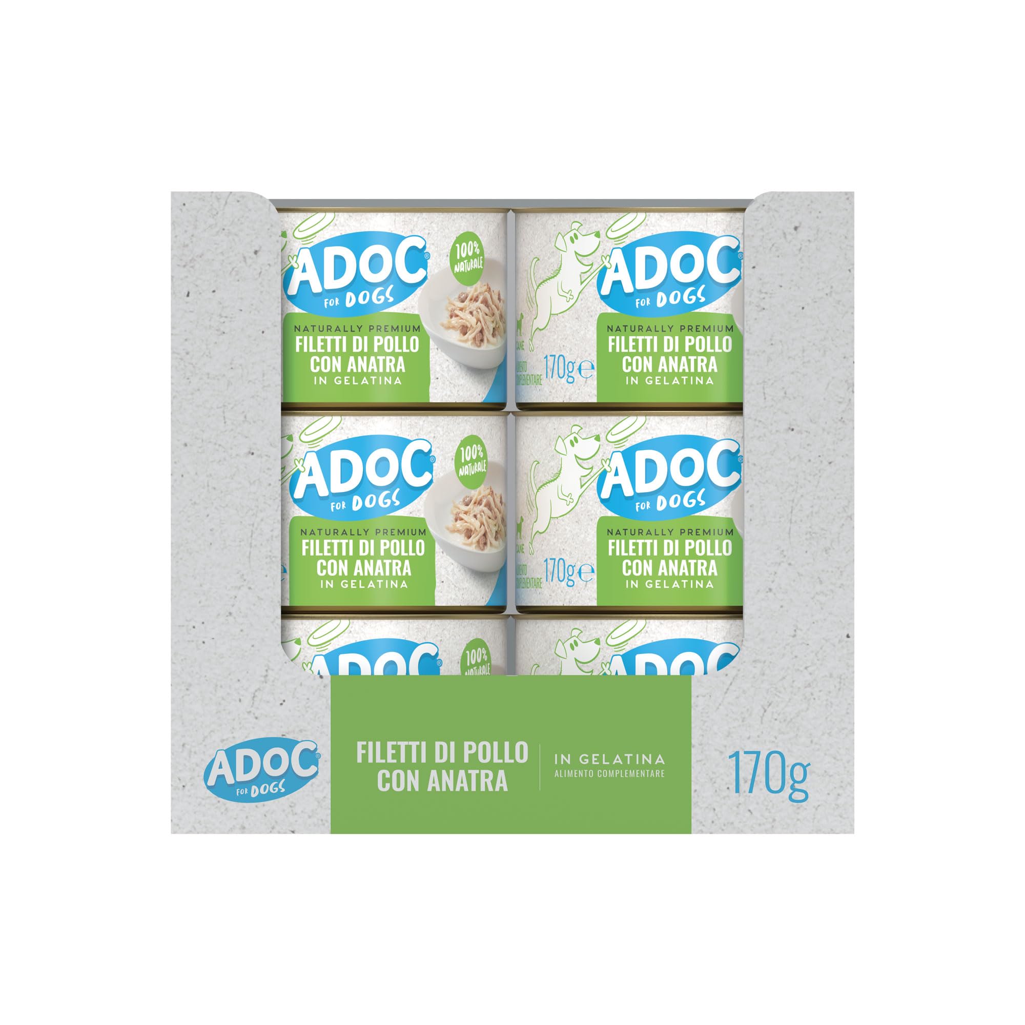 Adoc Naturally Premium, Cibo Umido Complementare per Cani Filetti di Pollo con Anatra, 24 Lattine da 170 grammi in Gelatina Senza Conservanti e Coloranti