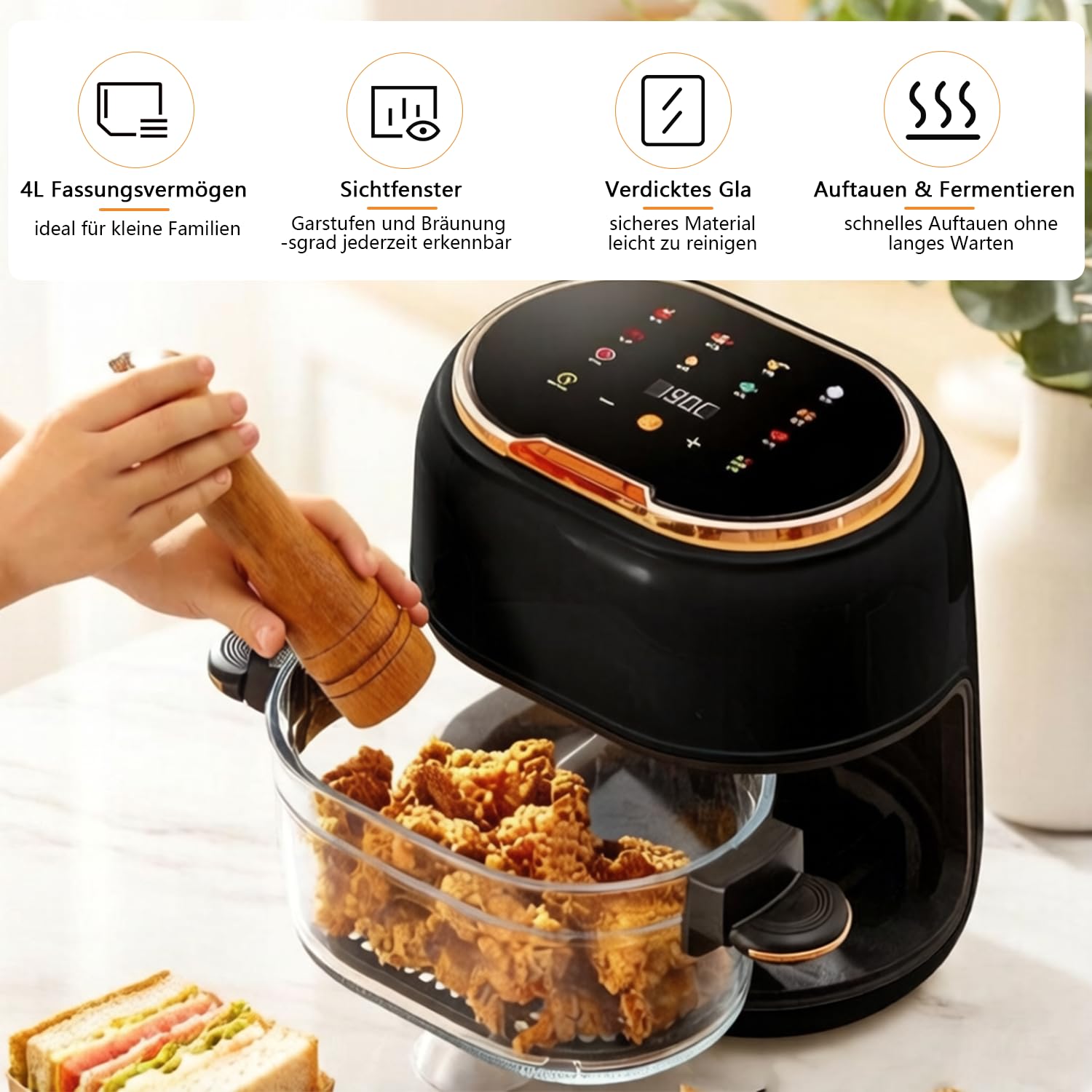Heißluftfritteuse 4L Airfryer,1350W 9 in 1 Multifunktionalität Touchscreen Air Fryer mit Glaskorb&Sichtfenster&8 Smart Programme&24h Timer,Frittieren,Braten,Backen für Familie,Spülmaschinenfest BPA