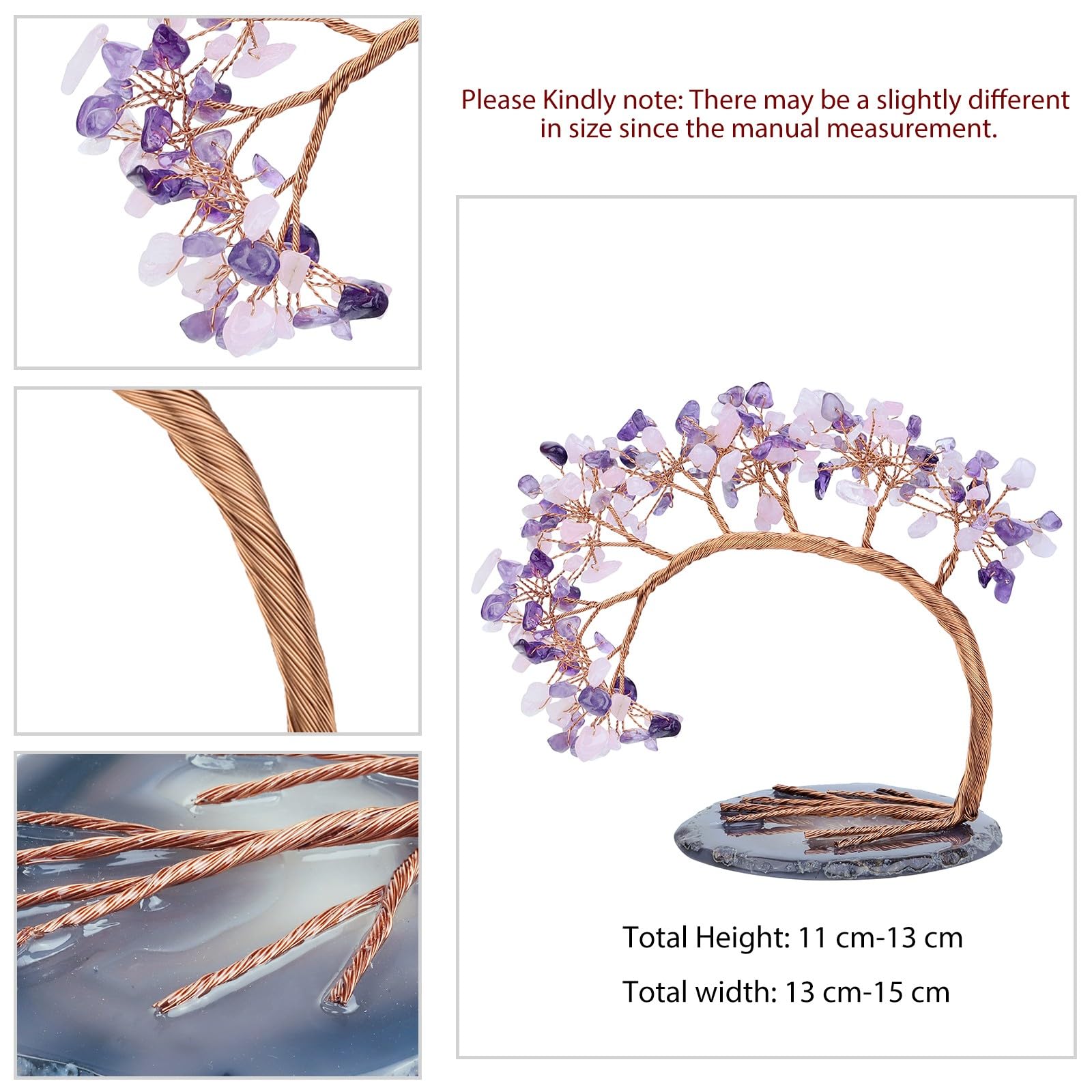 KYEYGWO Amethyst & Rose Quartz Crystal Money Tree FengShui Bonsai Figurines with Agate Slices Base - Image 2
