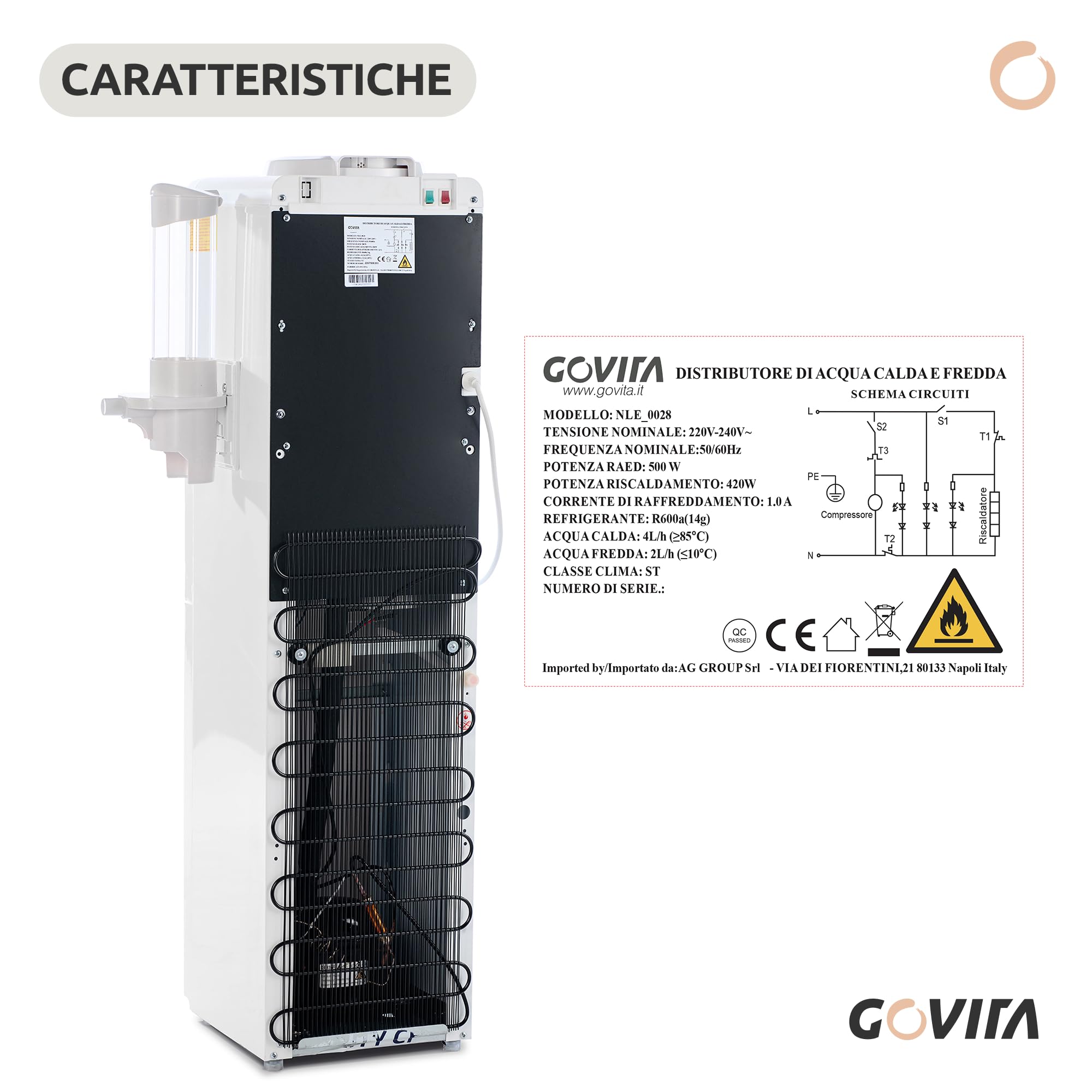 GOVITA - Dispenser Acqua a Colonnina a Boccione 18L – Erogatore Acqua Fredda Calda e Ambiente con Compressore – Distributore Acqua Refrigerata per Casa e Ufficio - con portabicchieri