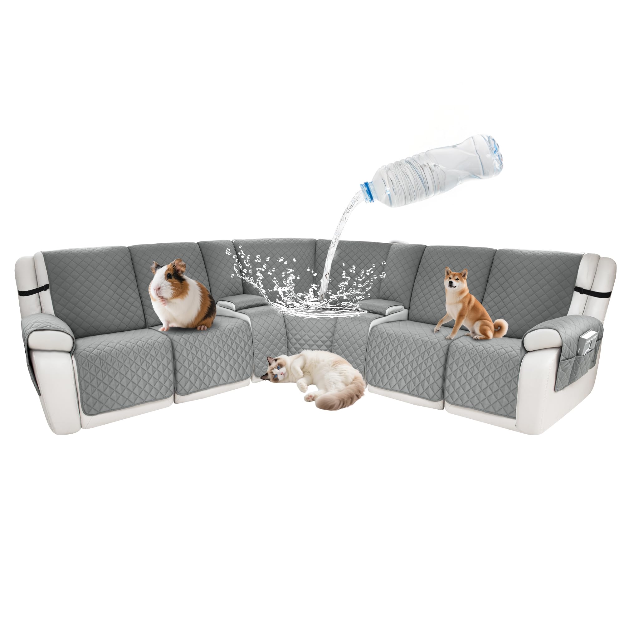 Waterproof Sectional Reclining Couch Covers L Shaped Recliner Sectional Sofa Cover 8 Piece Non Slip Washable Corner Recliner Slipcover Set for Pet Dog (5 Seater 2 Console Cover, Stone Gray)