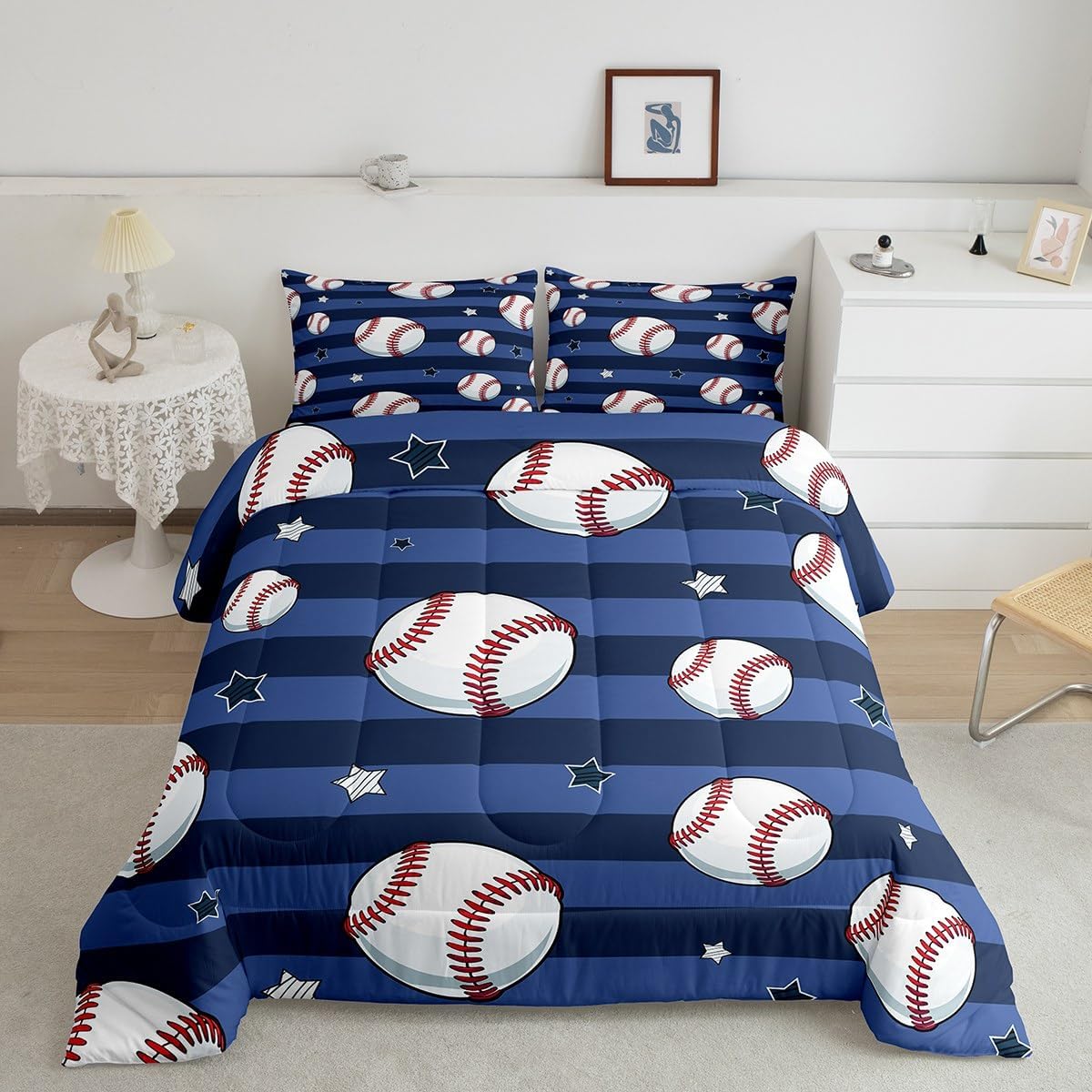 Feelyou Baseball Comforter Set Twin Size Kids Baseball Gaming Stripes Bedding Set for Boys Girls Teens Ball Comforter Breathable Gift for Baseball Lover Duvet Set Blue Quilt Set