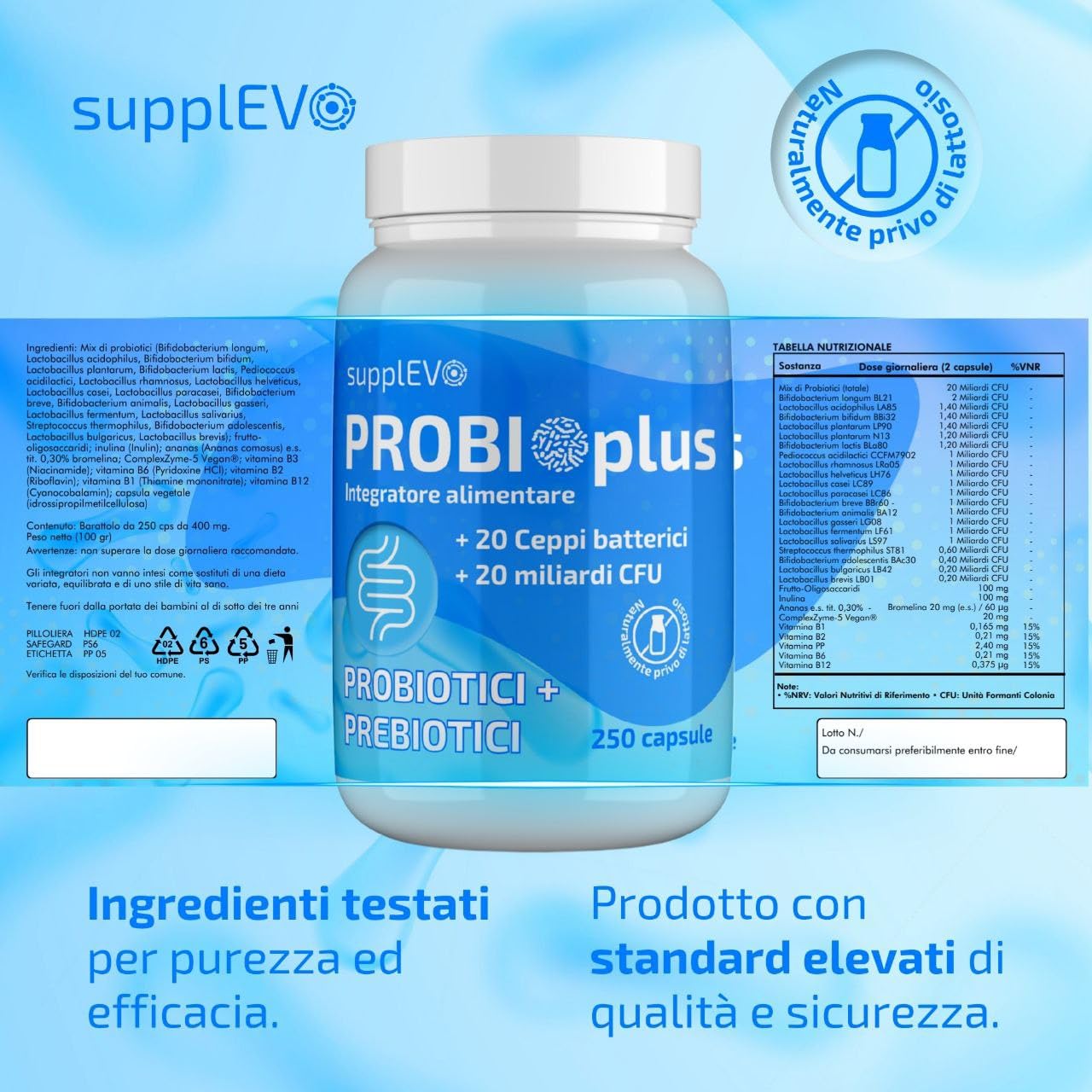Fermenti Lattici Probiotici Prebiotici 250 Capsule (Scorta 4 Mesi) - 20 Miliardi CFU, 20 Ceppi Senza Lattosio, con Inulina, Bromelina e Vitamine B - Flora Intestinale, Gonfiore Addominale e Digestione