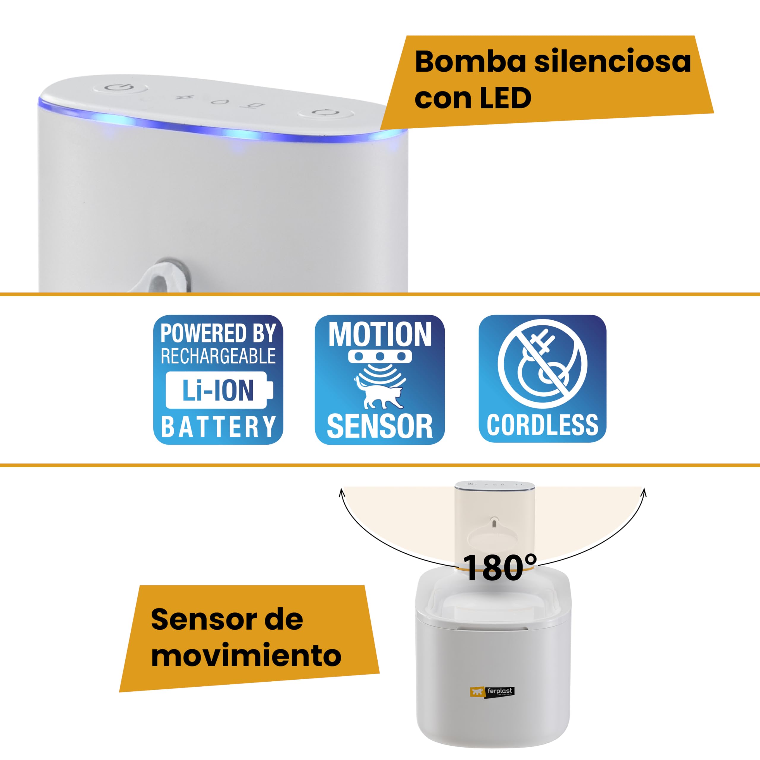 Ferplast Fuente para Gatos y Perros Pequeños Astra, Fuente de Agua para Gatos Inalámbrica, Dispensador de Agua para Gatos Recargable, Sensor de Movimiento, 3 L, Filtro de Tres Etapas, USB-C Incluido