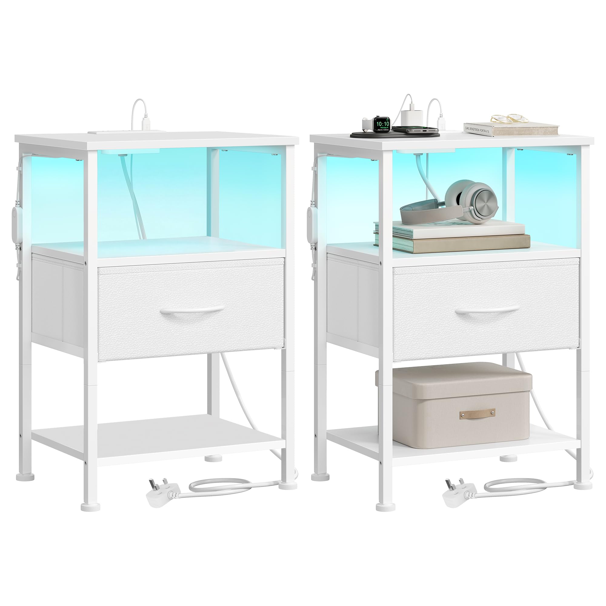 SONGMICS BELLAH Collection - Bedside Table with Charging Station, Side End Table with App-Controlled Adjustable LED Lights, Modern, 2 Shelves, 1 Drawer, Set of 2, Cloud White LGS201W103