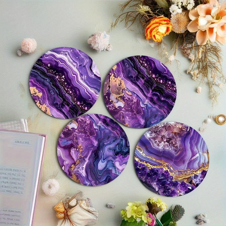 Image of 6pcs Coaster Set, Purple Pattern, Size 3.94 * 3.94- Heat Resistant, Suitable Holiday Parties, Coffee Shops, Bookstores, Kitchen Decoration, and Daily Home Decor