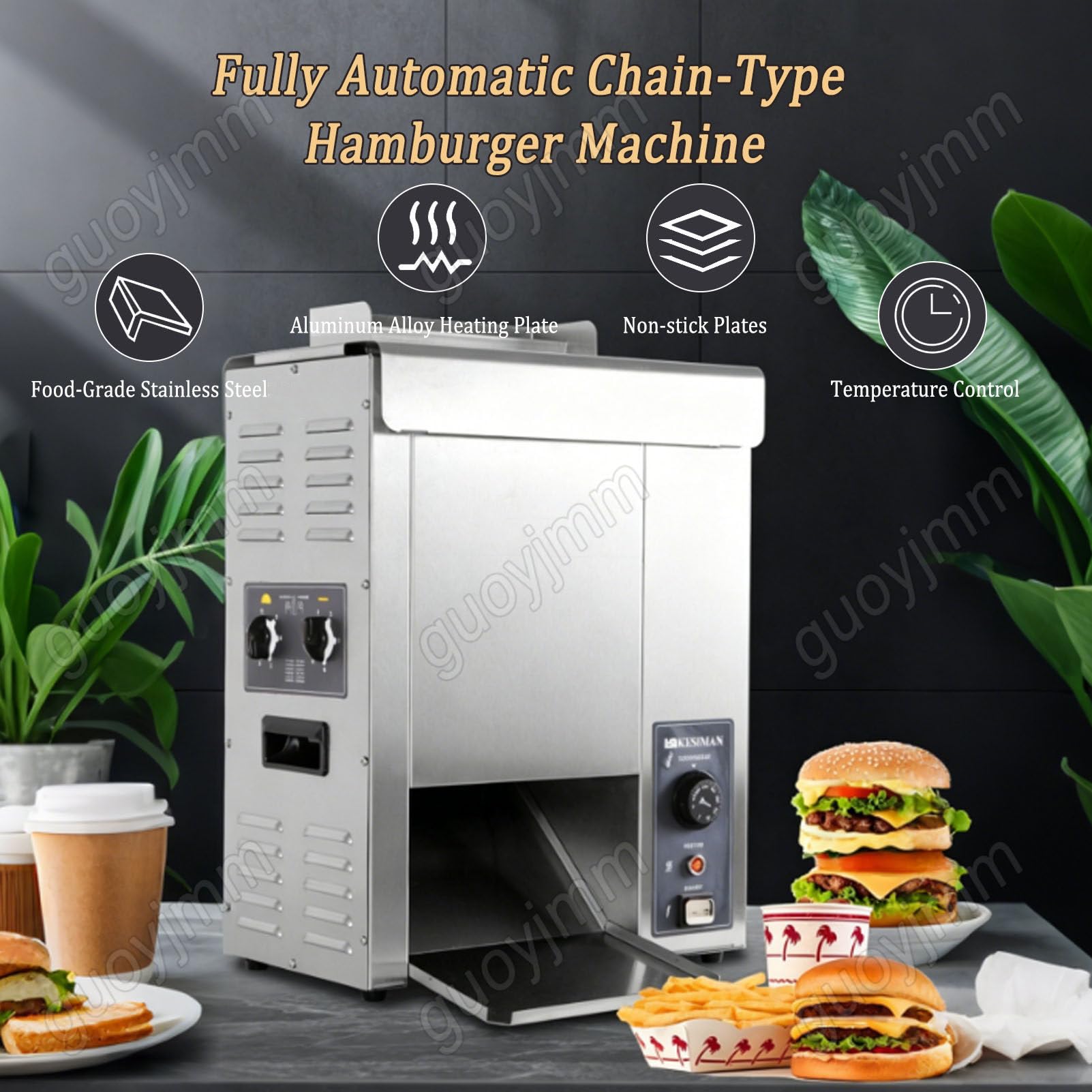 Máquina Comercial para Hornear Pan de Hamburguesa de 2000 W, Máquina Eléctrica de Cadena para Hornear Pan Tostado/Bollos/Pan, Temperatura y Grosor Ajustables