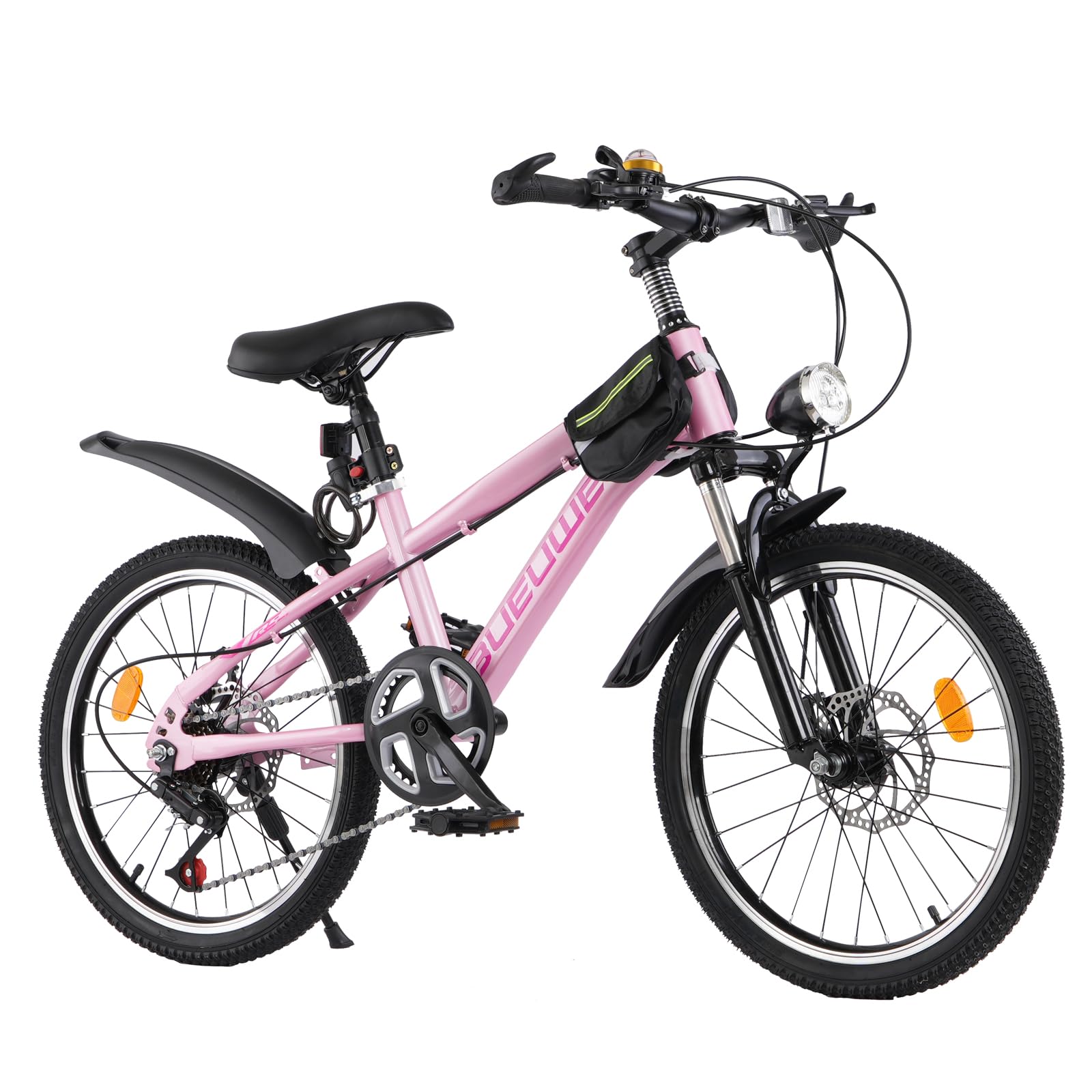 20/24 Inch Mountain Bike for Kids Ages 7-13,Boys Girls Bicycle with Dual Disc Brakes,7 Speeds,LED Lights & Frame Bag,Pink,20inch