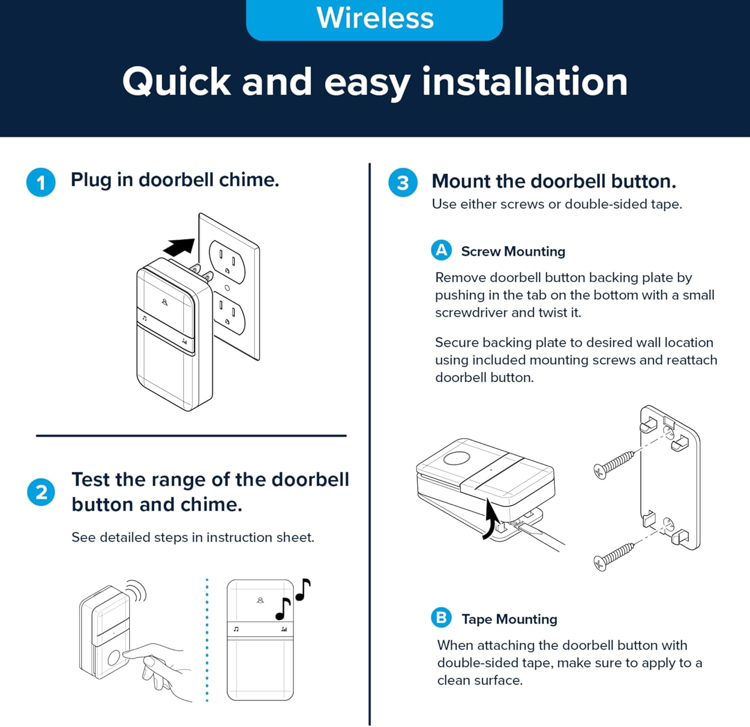 Black and White Wireless Door Chime Kit with Volume Control