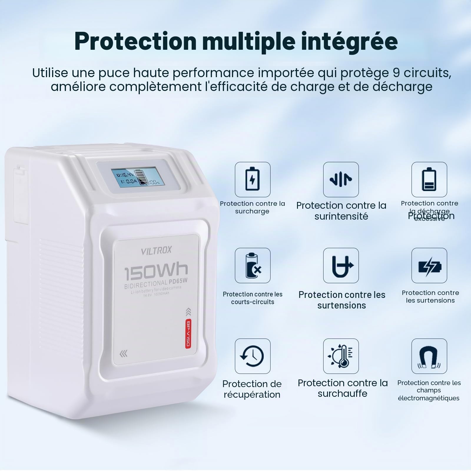 VILTROX BP-V150 V Mount 10050mAh Mini V-Lock Battery avec écran LCD,Dual D-Tap&USB Output,150Wh/14.8V,Blanc Batterie Mini V Lock en Appareils Photo,Caméscopes,Lampes LED,Moniteurs,MacBooks Smartphones
