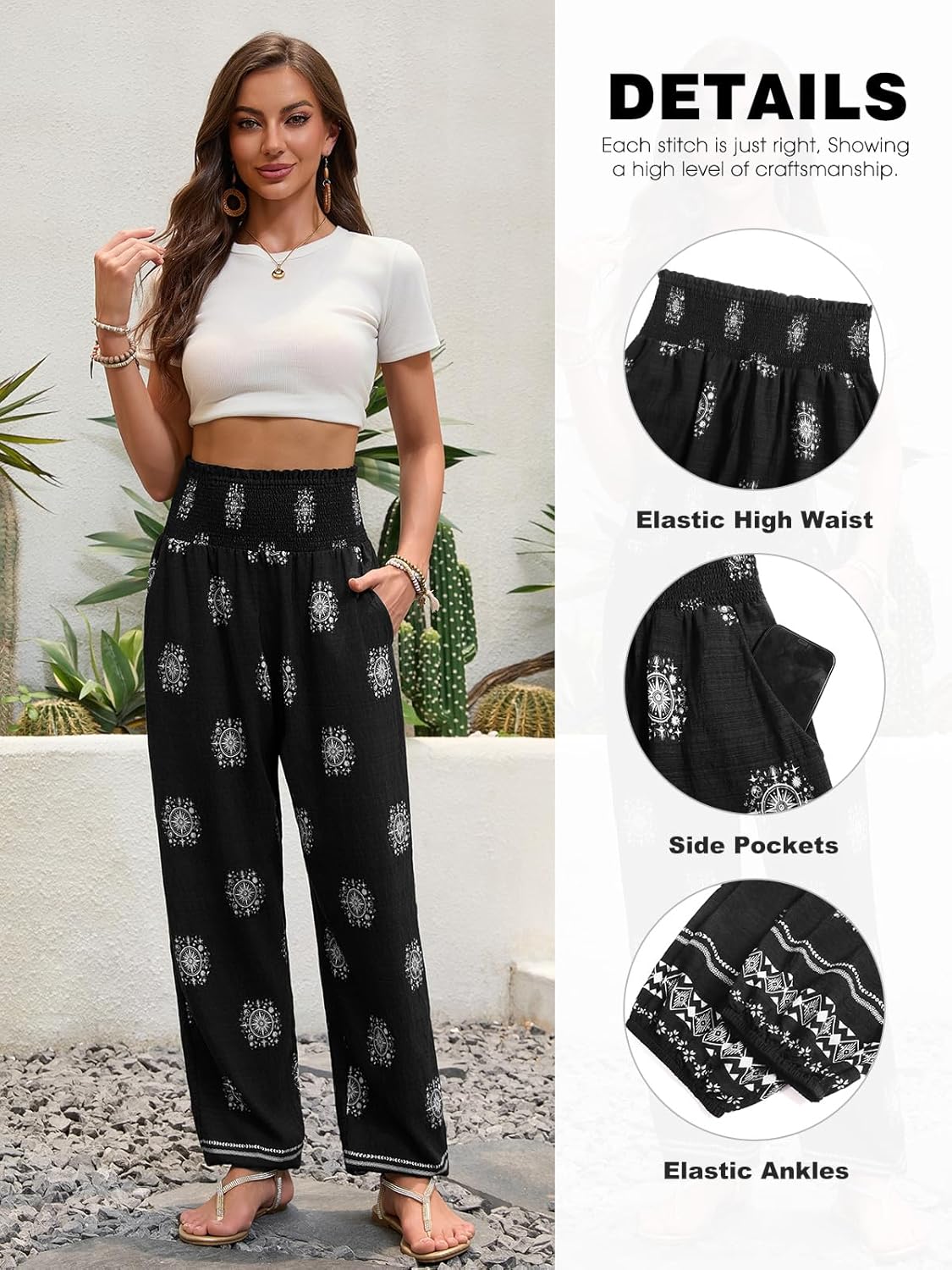 QIANXIZHAN Women's Harem Pants, Hippie Boho Pants High Waist Flowy Yoga Pants with Pockets - Image 4