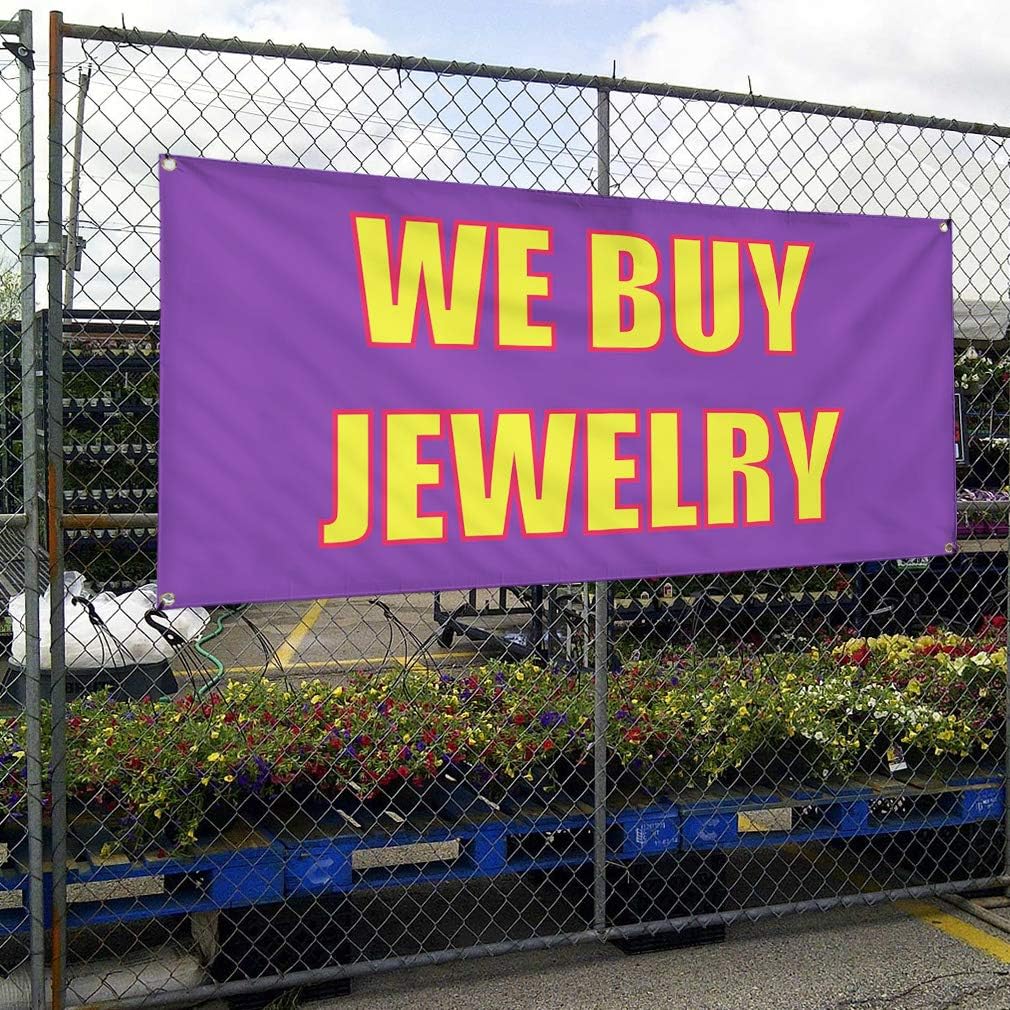 Vinyl Banner Multiple Sizes We Buy Jewelry Advertising Printing D Business Outdoor Weatherproof Industrial Yard Signs Lavender 4 Grommets 16x40Inches
