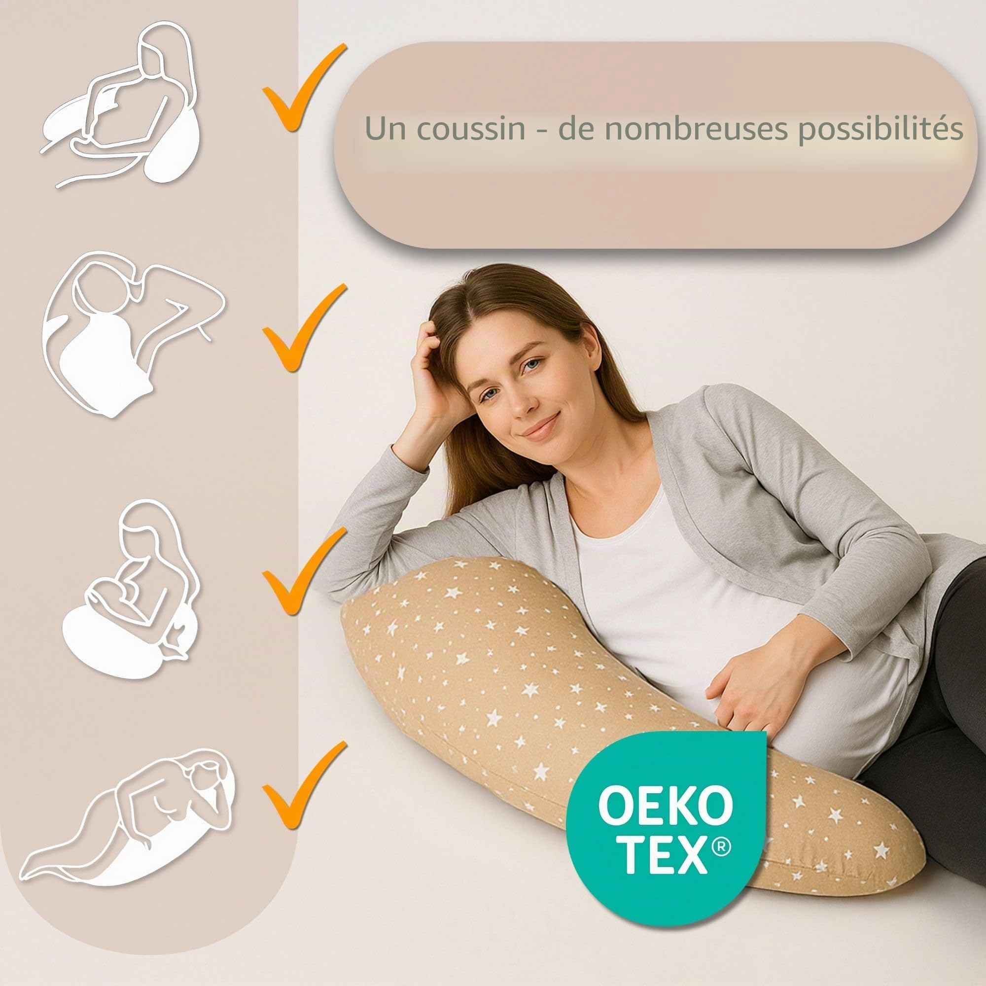 Coussin de grossesse et allaitement 190 cm – oreiller maternité en forme de C, Oeko-Tex soutien pour dormir