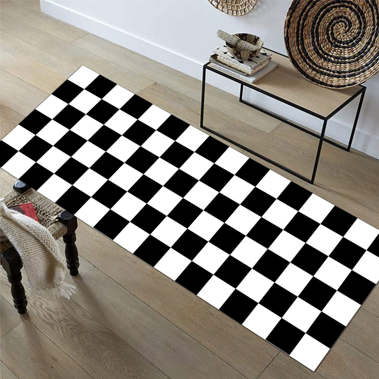 Tapis de Couloir Passage Noir et Blanc Cuisine Antidérapant Géométrie Design Moderne, pour Couloir/Cuisine/Escaliers, Largeur 60cm / 70cm/ 80cm / 90cm/ 100cm / 120cm(Size:60x320cm)