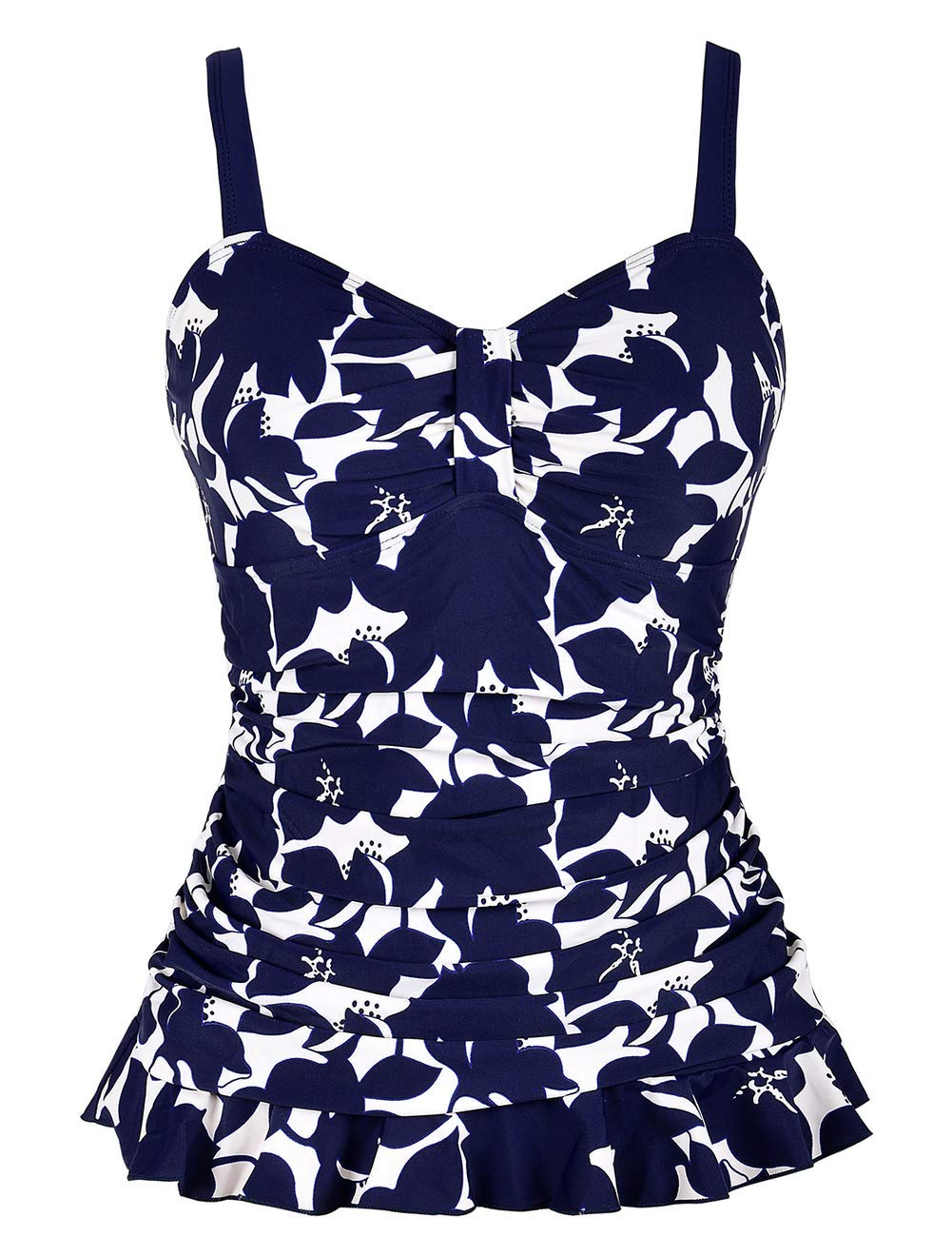 HilorWomen's 50's Retro Ruched Tankini Swimsuit Top with Ruffle Hem