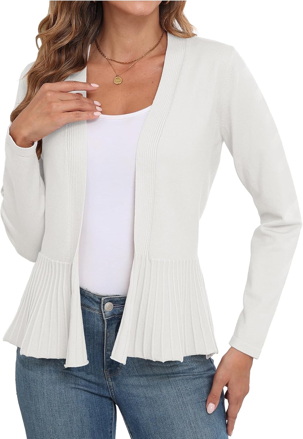 GRECERELLE Women Lightweight Casual Long Sleeves Cropped Cardigan Open Front Peplum Knit Sweater Outwear - Image 2