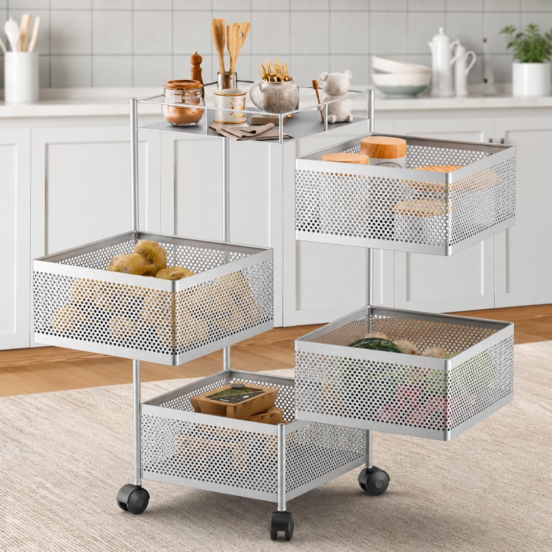 Amazon Brand - Solimo 360° Revolving 4 Layer Multipurpose Kitchen Trolley Rack with Wheels | Steel Square Organizer | for Fruit, Vegetable Storage | Preassembled | Matte Silver Finish | 31 x 74 cm-image-45