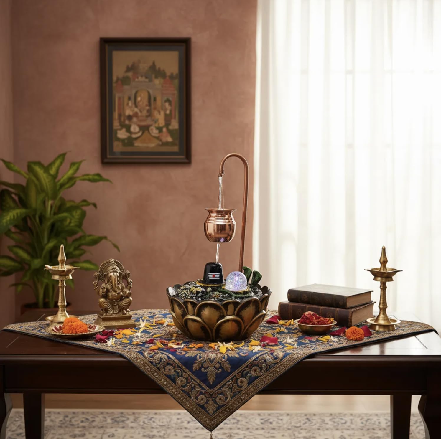 ALILA Shivling Shiva Shiv Linga Water Fall Fountain for Home Temple Puja Mandir Living Room Decor Decoration Gift Gifting Items, 18 inches / 45cm, Metal