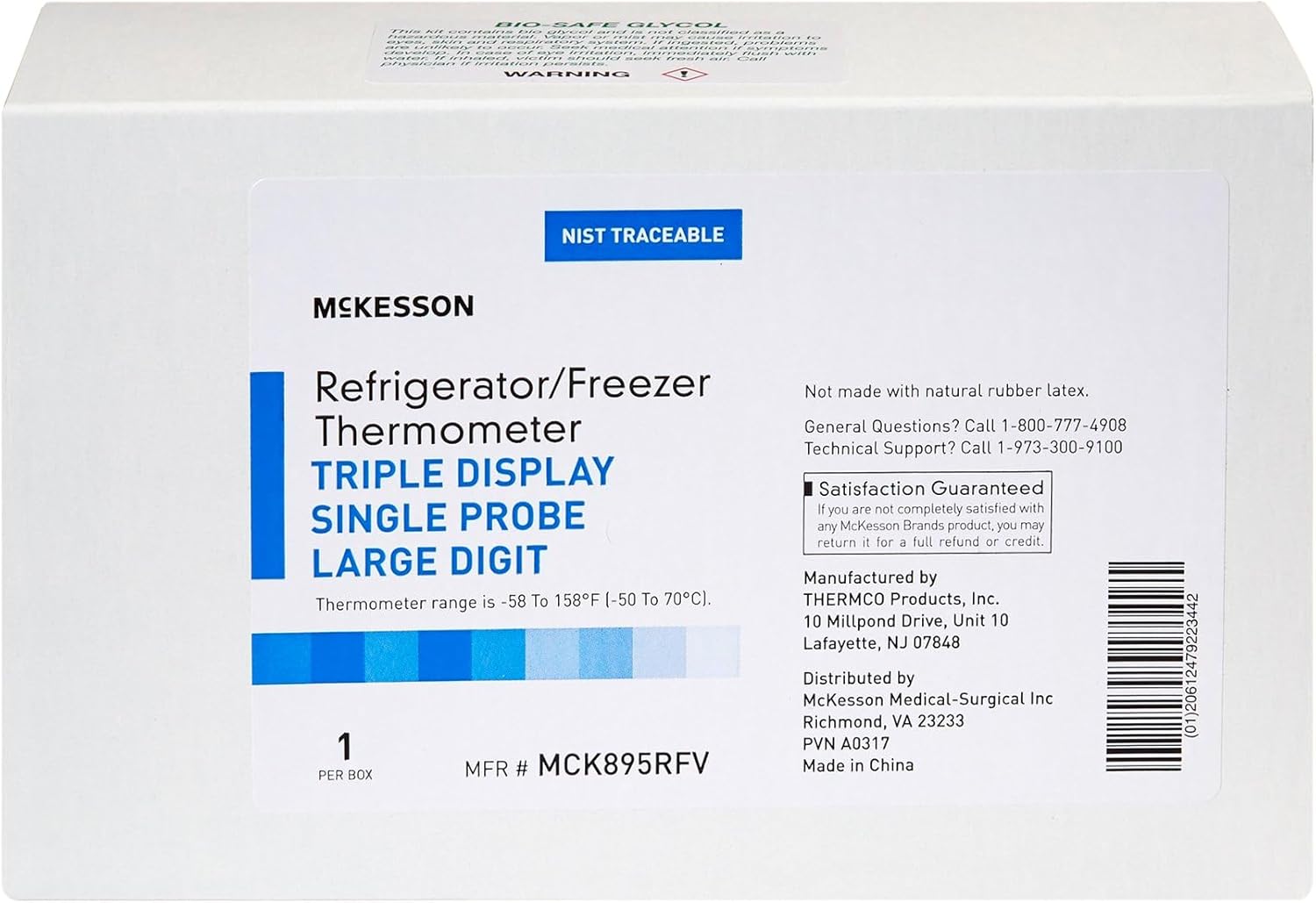 McKesson Thermometer box showing specifications and contact information