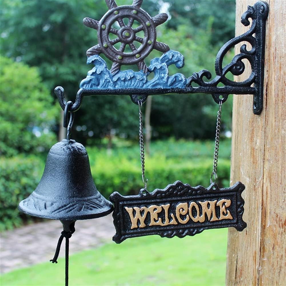 cast iron door bell,antique vintage doorbell Wall Mounted Antique Doorbell Cast Iron Chime Wall Bell Hanging welcome Entry Door Bell Hand Bell Rustic Style Front Door Dinner Bell ​for Garden Patio Vil