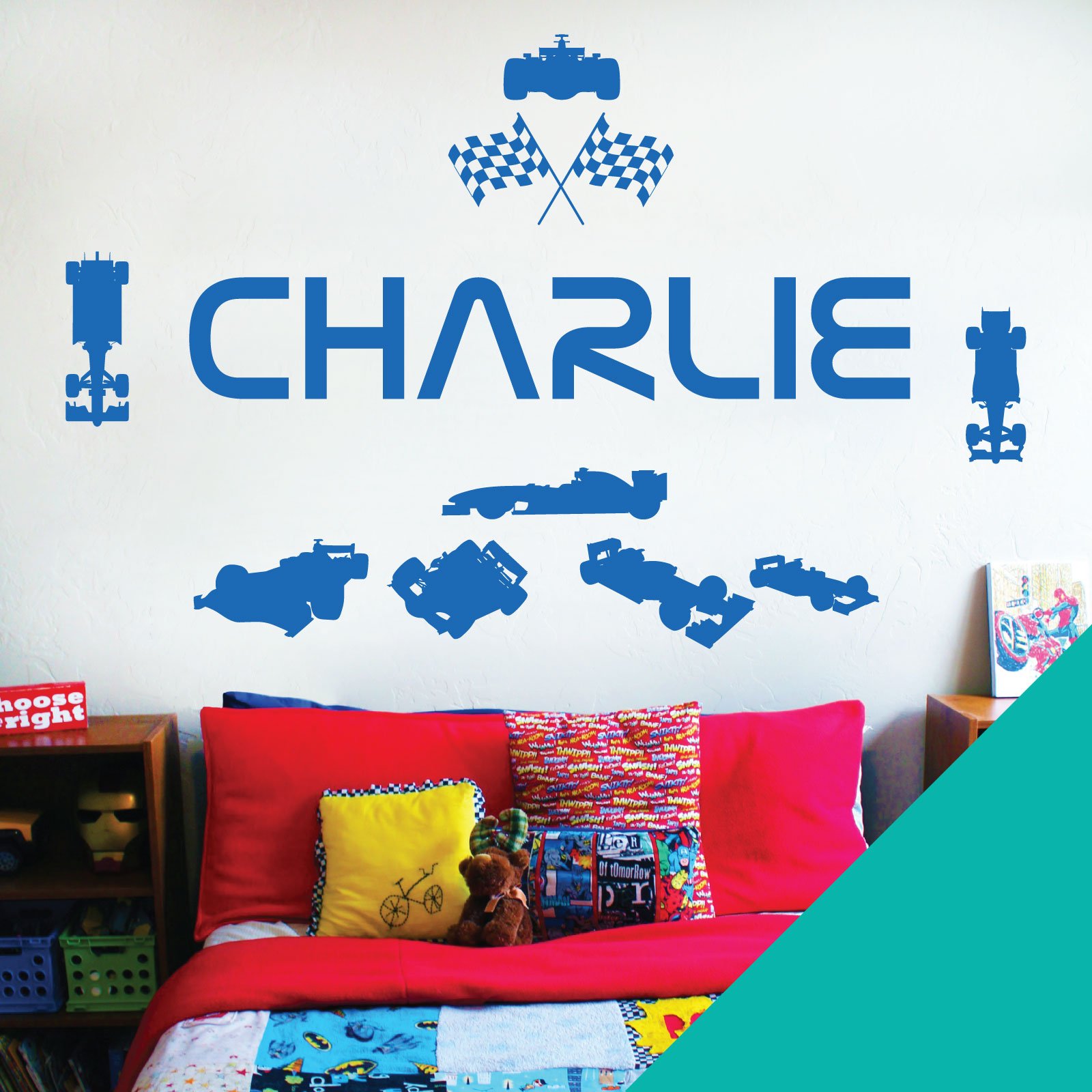 Personalised Name Children Wall Art Sticker - Racing Driver Formula 1 Cars Sport [Medium] [Turquoise]