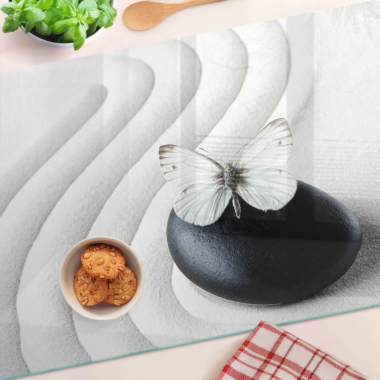 Tagliere in Vetro Temperato 80x52 cm da Cucina con Piedini Antiscivolo Durevole e Igienico Resistente al Calore con Stampe Facile da Pulire Rettangolare Antigraffio - Farfalla Zen