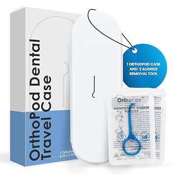 OrthoKey Clear Aligner Removal Tool and OrthoPod Case Bundle Includes 2 Blue OrthoKeys and 1 Powder Blue OrthoPod Case for Holding Clear Aligners, Full Size Toothbrush, Travel Toothpaste, OrthoKey
